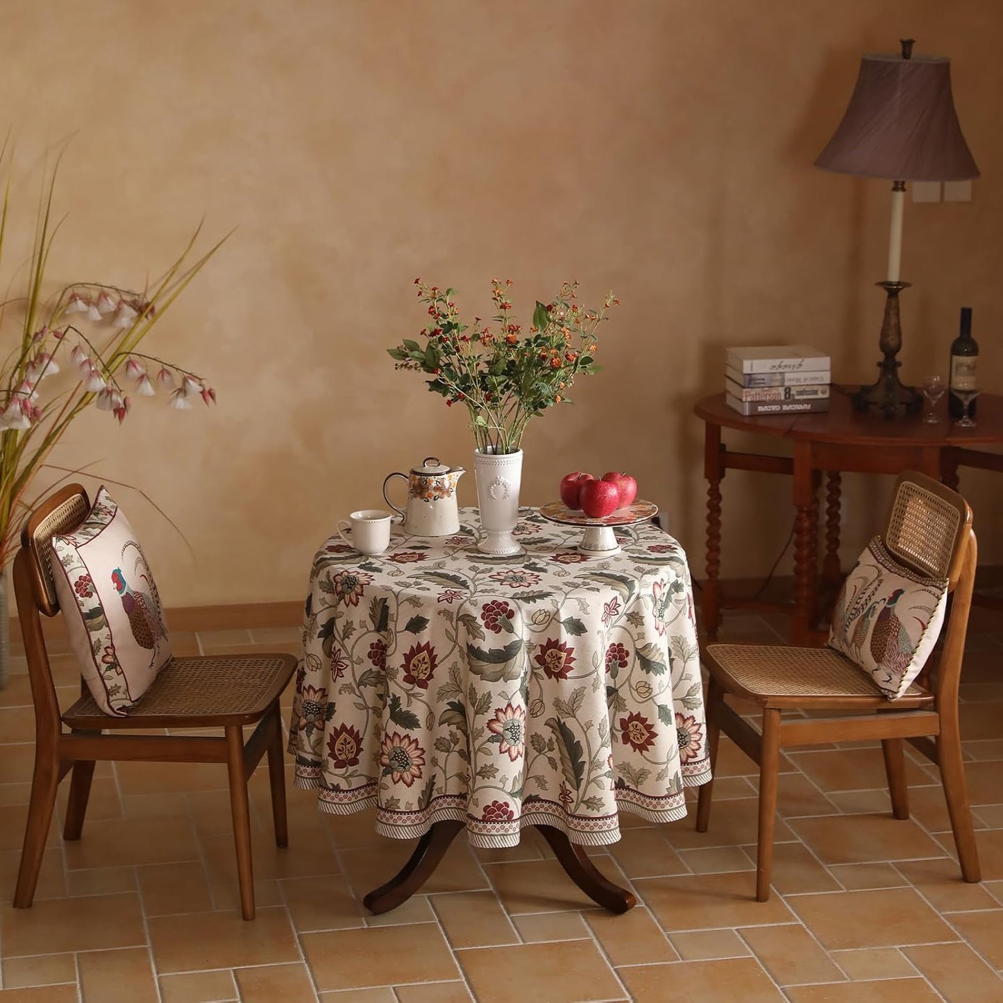 ISAENNE Designer Provence Floral Small Round Tablecloth,Linen Colorful Washable Indoor Table Cloth,Durable Home Decor Tablecloths for Dining Thanksgiving Kitchen Christmas,Diameter 55"-Ratina