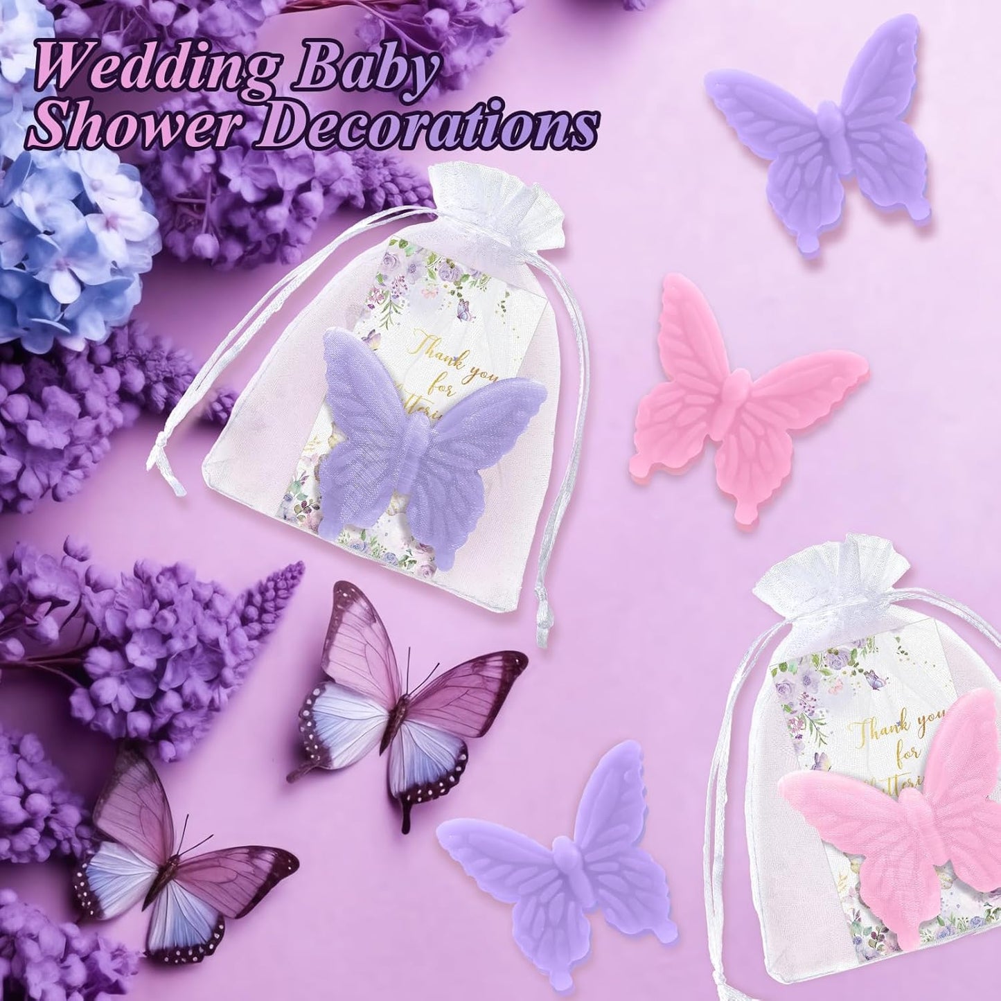 Dunzy 50 Set Butterfly Theme Baby Shower Favors for Guests Butterfly Soap Favors with Thanks You Cards Gift Bags Gender Reveal Baptism Party Decorations Wedding Bridal Souvenirs (Purple,Pink)