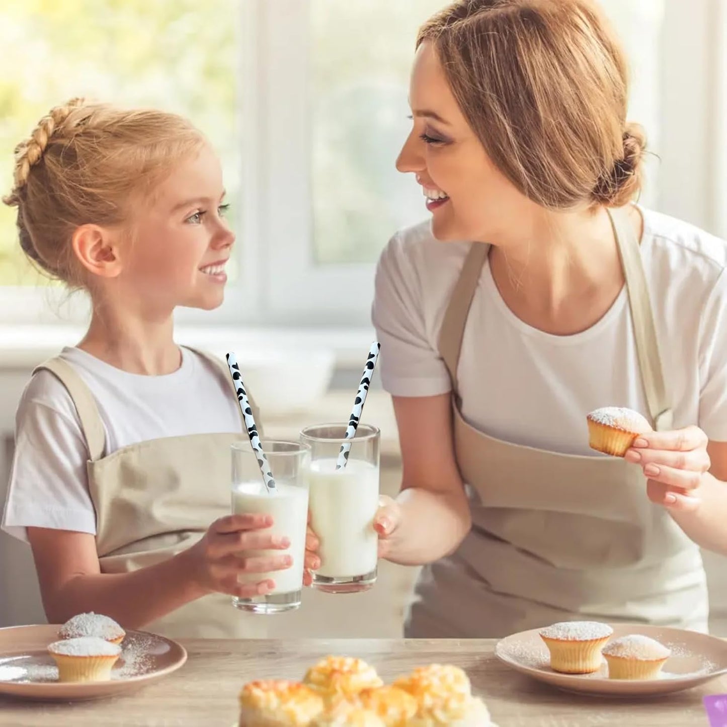 YAOSHENG [100 Pack] Pink & Gold Paper Straws Disposable, 100% Biodegradable Multi-Pattern Party Straws For Birthday, Wedding and Holiday Decoration (cow)