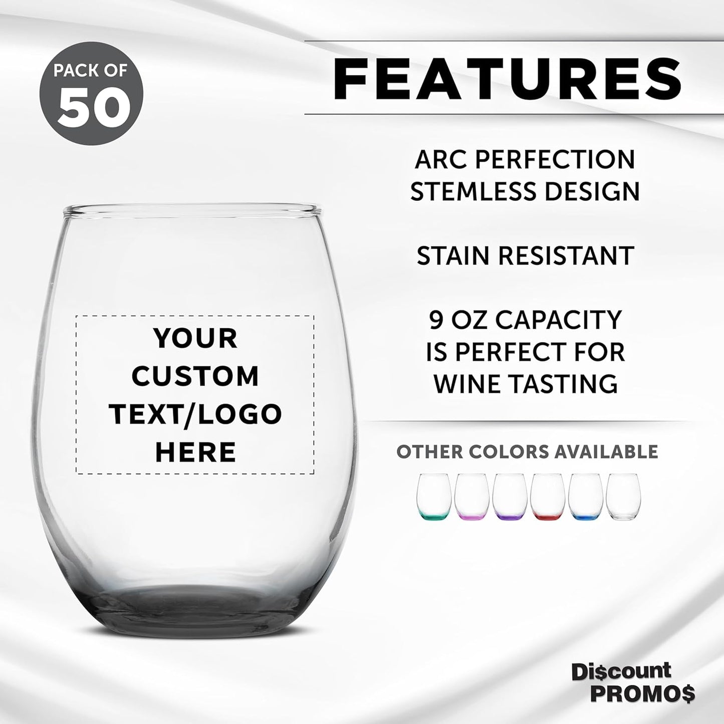 Custom Stemless Wine Glass 9 oz. Set of 50, Personalized Bulk Pack - Great for Wedding Favors, Bachelorette Party Decorations, Party Favors, Color Bottom - Black