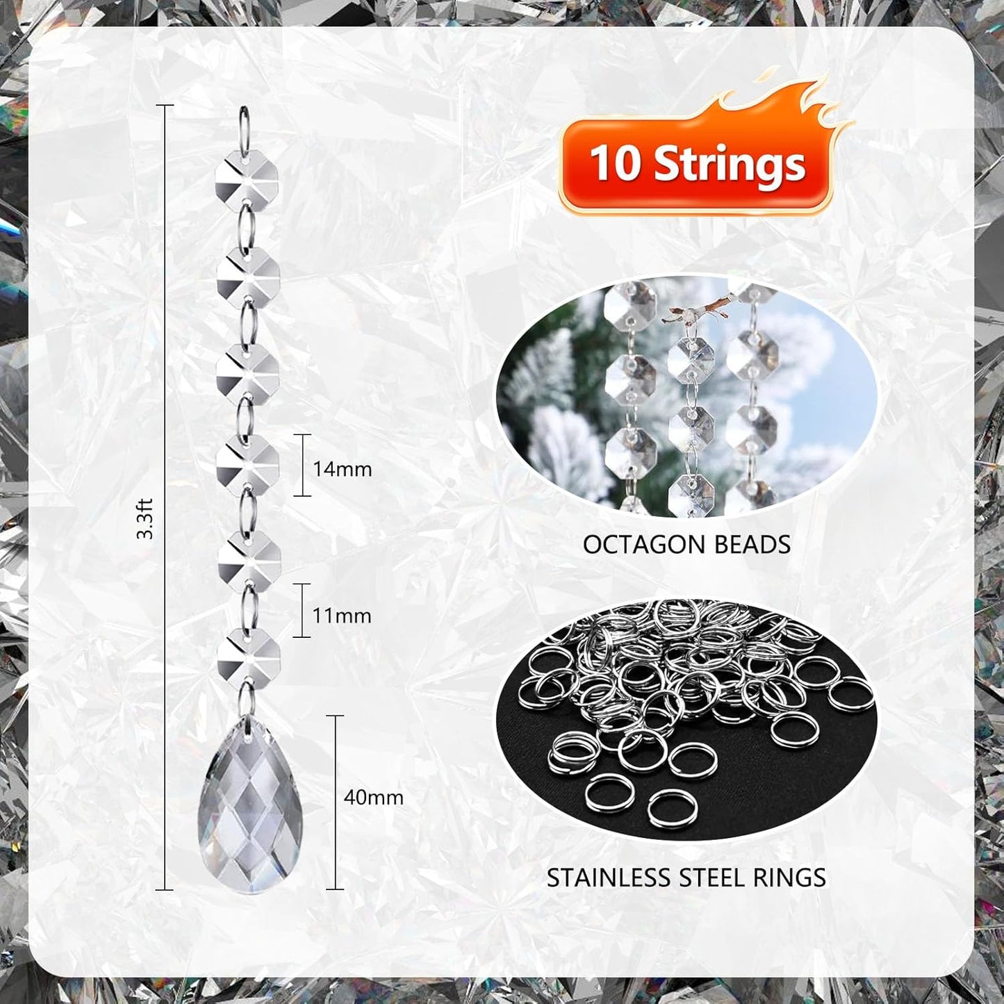 10 PCS Crystal Garland Strands, 33ft Hanging Crystal Strings for Window Curtains Doorway Decorations, Acrylic Clear Teardrop Crystal Ornaments for Christmas Tree, Wedding Party Home Chandelier Decor