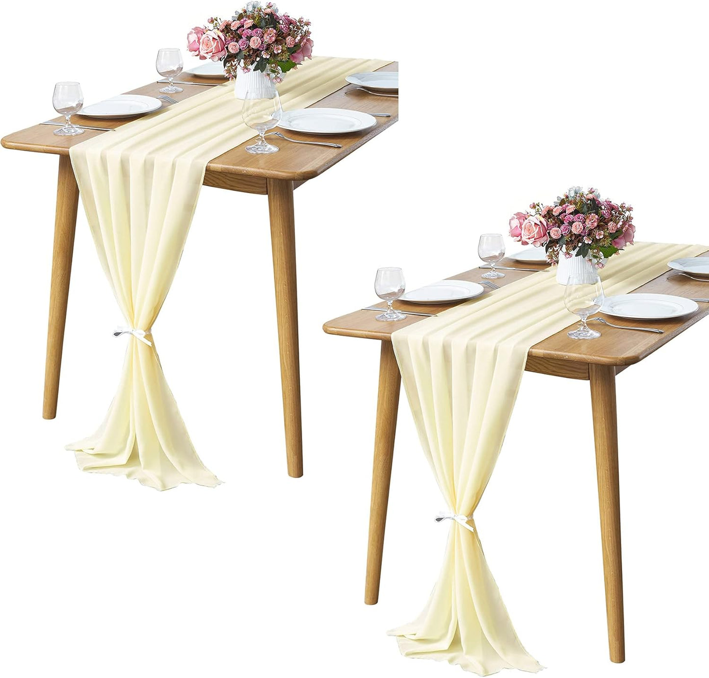 2 Pack 10Ft Light Yellow Chiffon Table Runner Sheer 29x120 Inch for Romantic Wedding Decor Bridal & Baby Shower Birthday Rustic Party Decoration