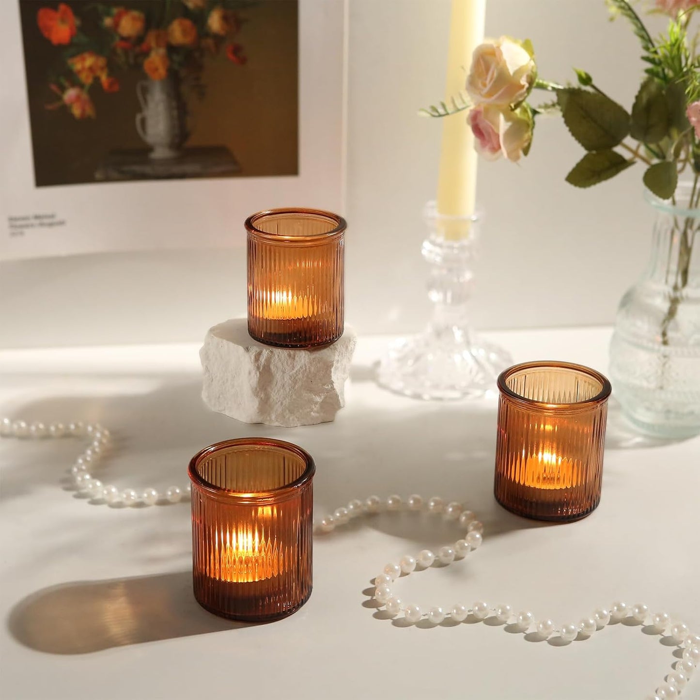 36pcs Amber Votive Candle Holders - Fall Decor, Ribbed Glass Tea Light Candle Holder, Candle Votives for Wedding Centerpiece & Home Decor
