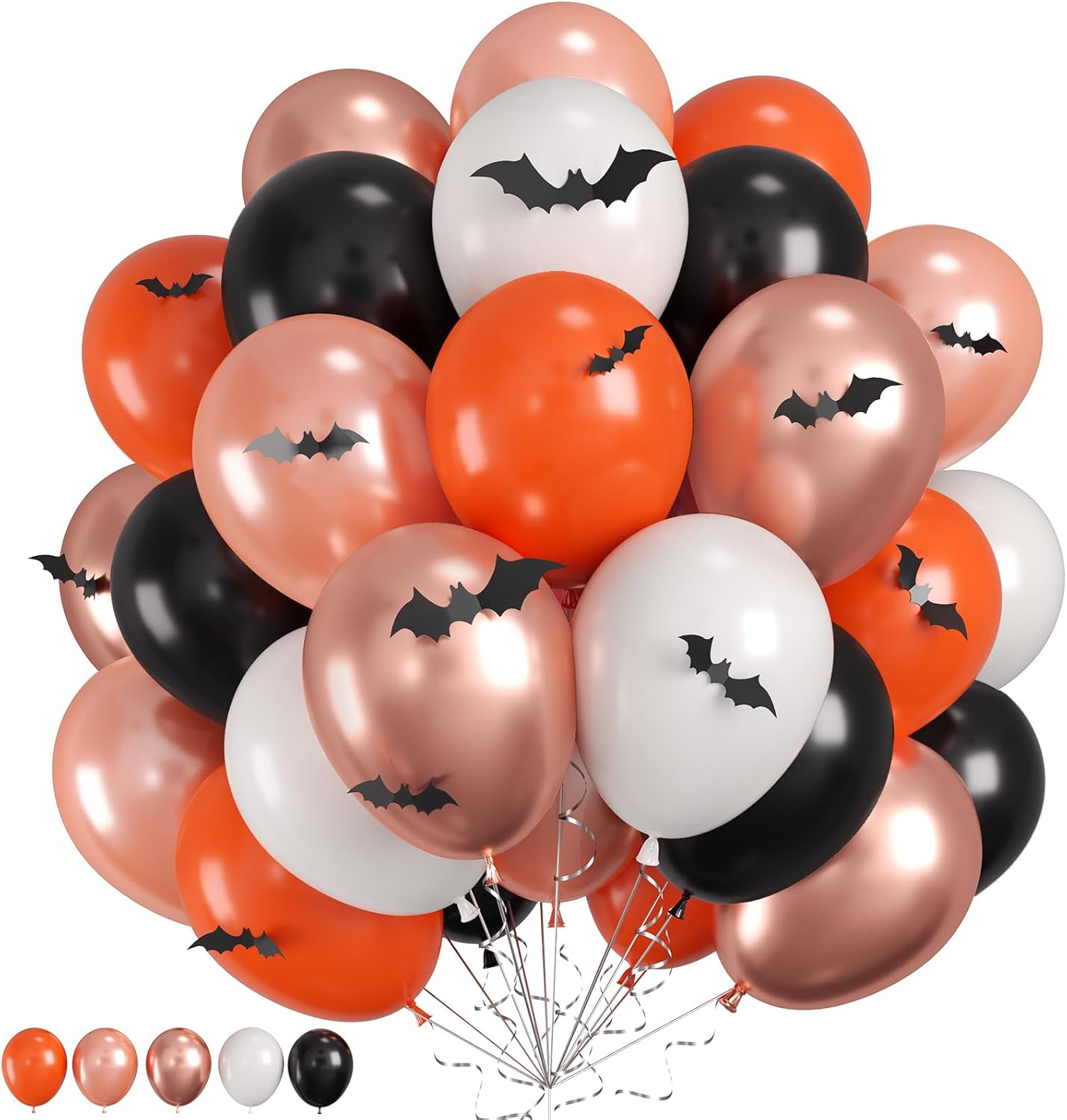 Halloween Balloons, 60PCS Black Orange Balloons, Black Orange White Rose Gold Balloon with 4 Different Sizes 3D bats Stickers for Halloween Masquerade Haunted House Themed Birthday Party Decorations