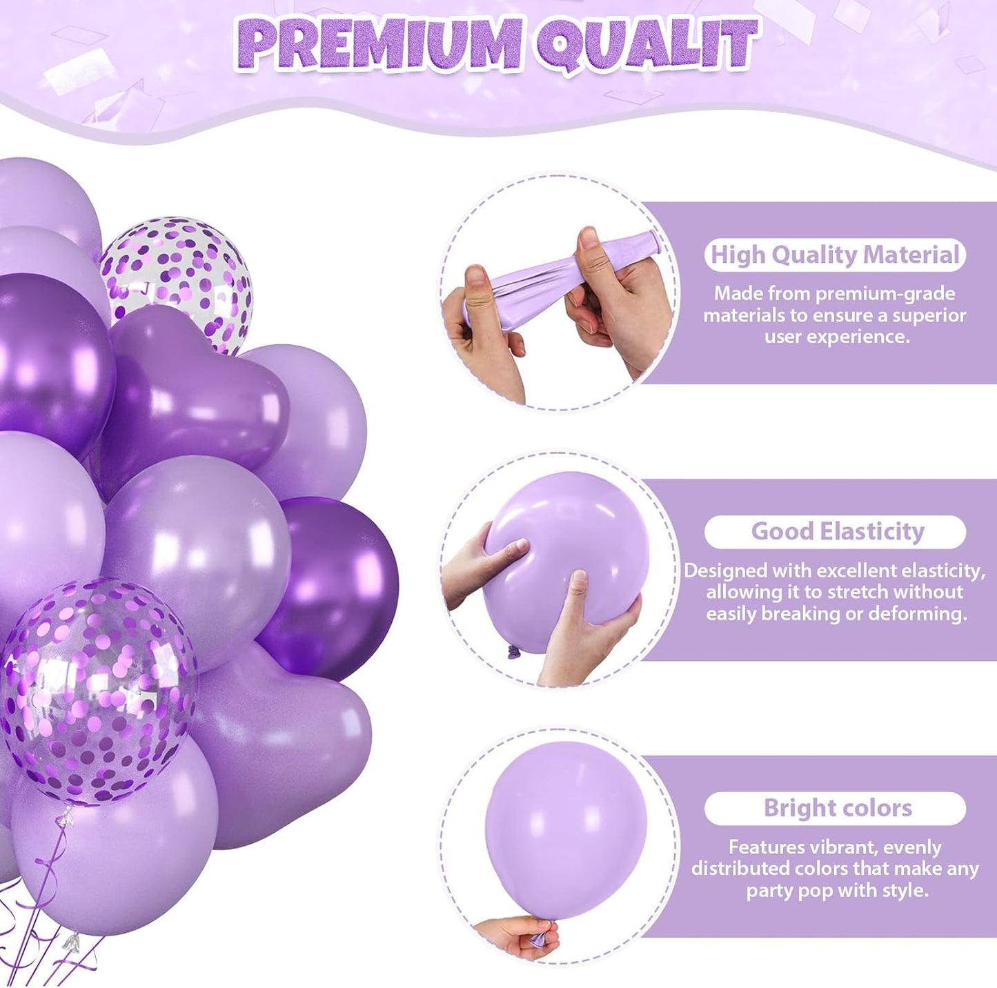 Purple Balloons, 60pcs Metallic Purple Balloons With Matte Macaron Heart Latex Balloon Confetti Balloon Birthday Baby Shower Party Wedding Bridal Shower Bachelorette Engagement Anniversary Decorations