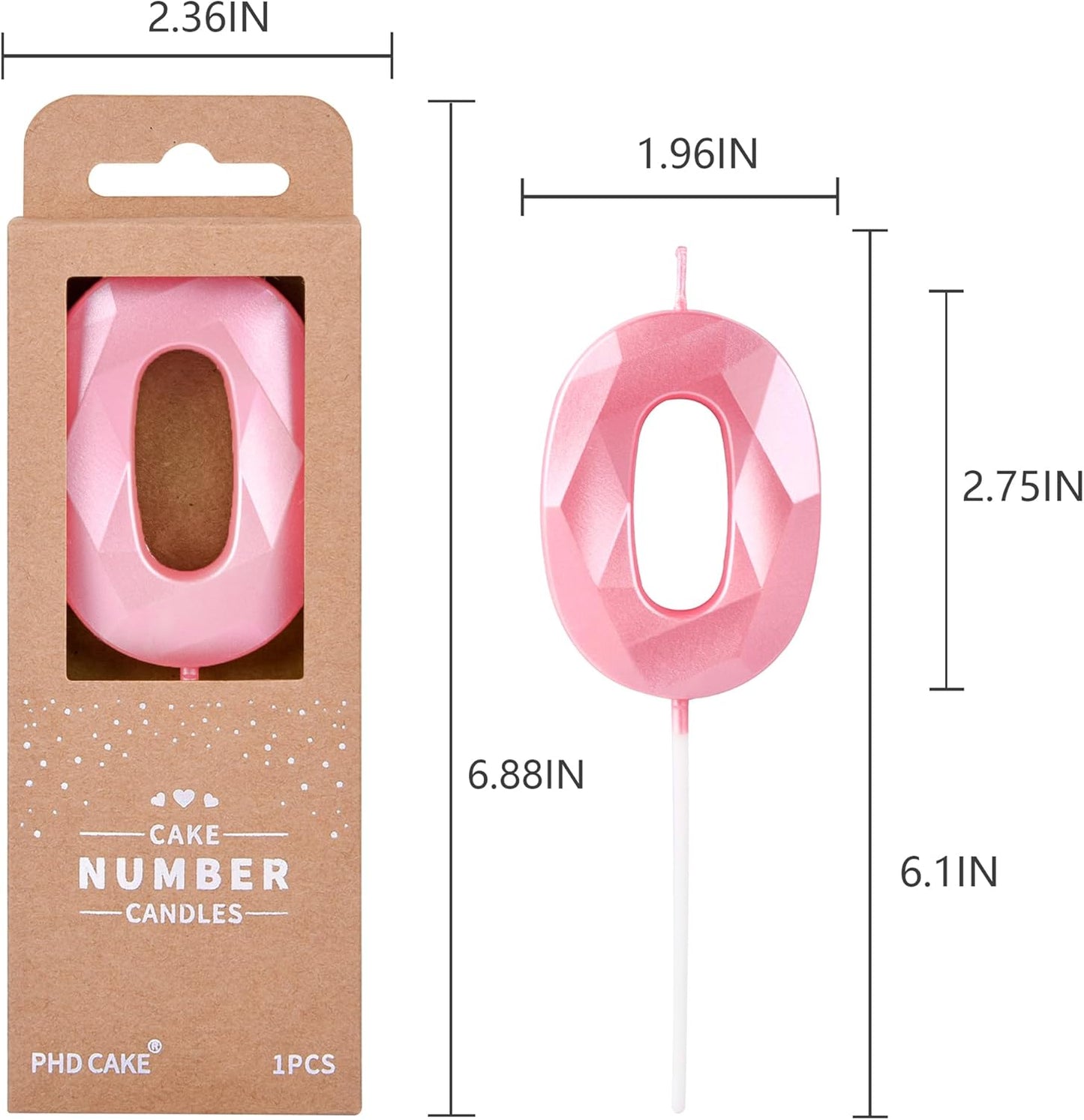 PHD CAKE 2.76 Inch Crystal Pink 0 Number Birthday Candles, Pink Number Candles, Cake Number Candles, Party Celebration