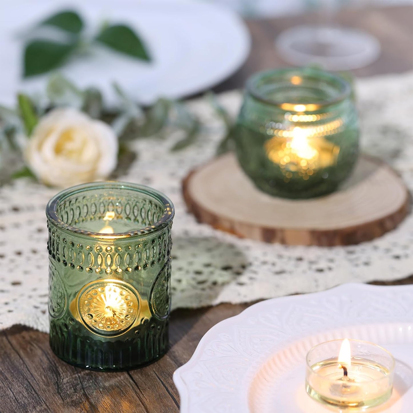 DARJEN 12Pcs Green Votive Candle Holders - Glass Tea Light Candle Holder for Wedding Shower, Candle Holder Bulks for Wedding & Home Table Decor, Vintage Parties Gifts