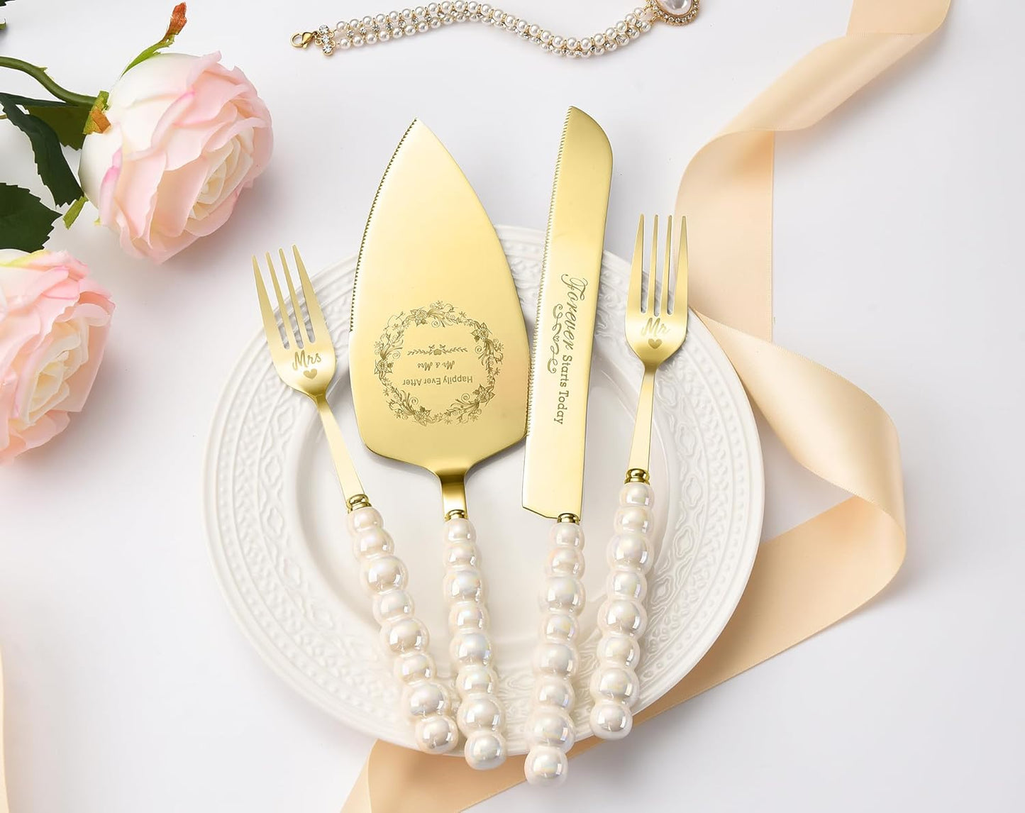 Wedding Cake Knife and Server Set,Gold Cake Cutting Set for Wedding,Ceramic Pearl Handle Wedding Cake Cutting Set for Engagements,Weddings, Anniversaries,and Engagement Gifts for Couples