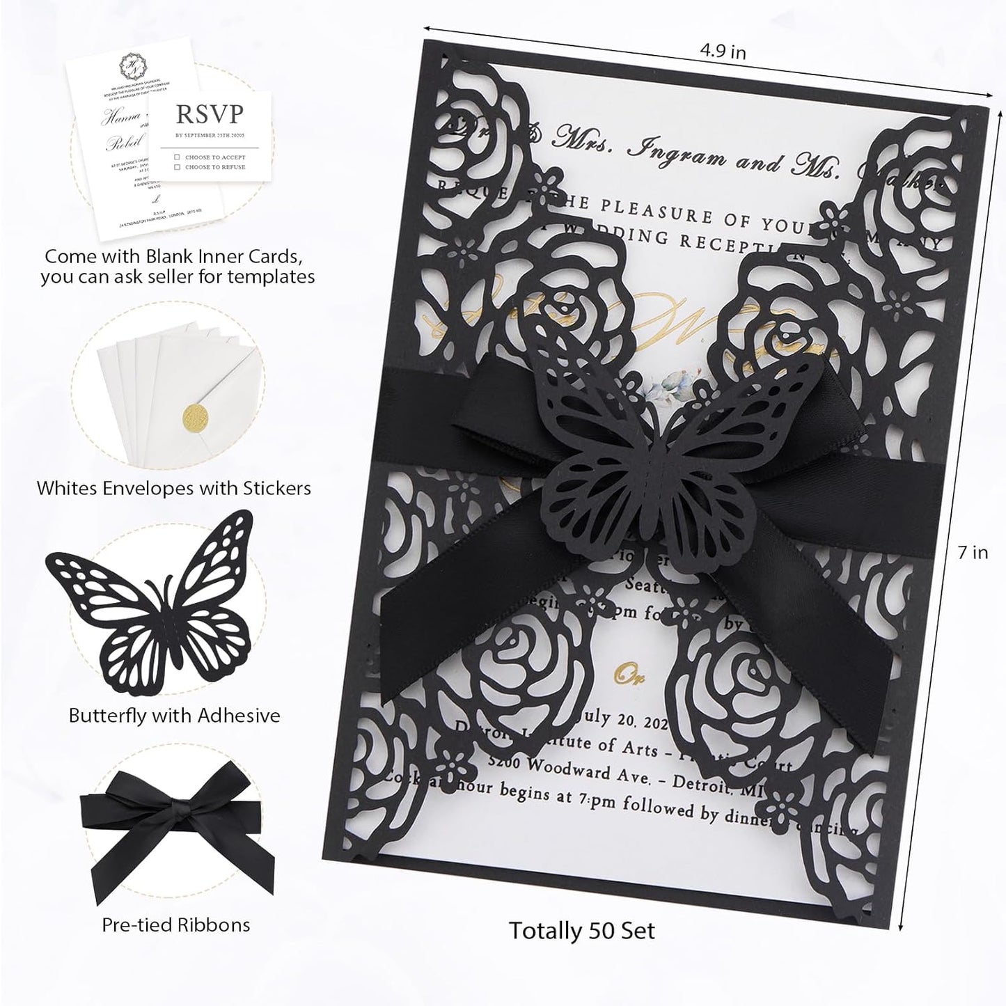 50pcs Black Wedding Invitation Kit Butterfly Laser Cut Invittations Pocket with Blank Inner Sheets and Envelopes for Wedding Anniversary Quinceañera Birthday Party Invites 4.9x7''