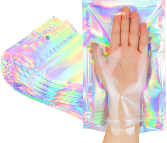 Smell Proof Bags & Resealable Foil Pouch Sample Bag [100 PCS ] Great for Party Favor Food Storage (Holographic Color) (6x9 Inch)