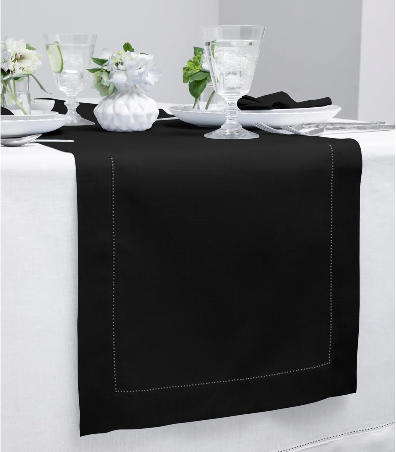Solino Home Linen Black Table Runner 120 Inches Long - 100% Pure Linen 14 x 120 Inch Table Runner for Fall, Autumn, Halloween, Thanksgiving, Holiday - Classic Hemstitch