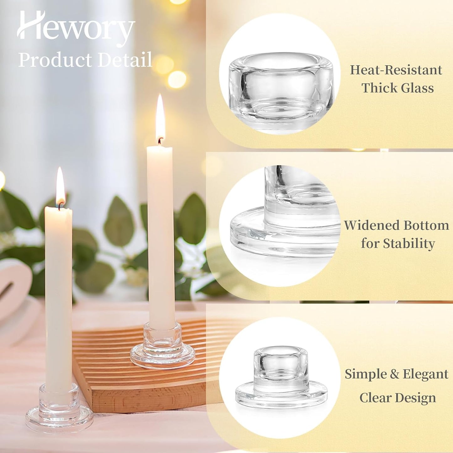 Hewory Glass Taper Candle Holders: 10 PCS Candlestick Holders Clear Short Tapered Candle Holder Set - Candle Stick Holder Decor for Table Centerpiece Wedding Party Advent Christmas Home Decorations