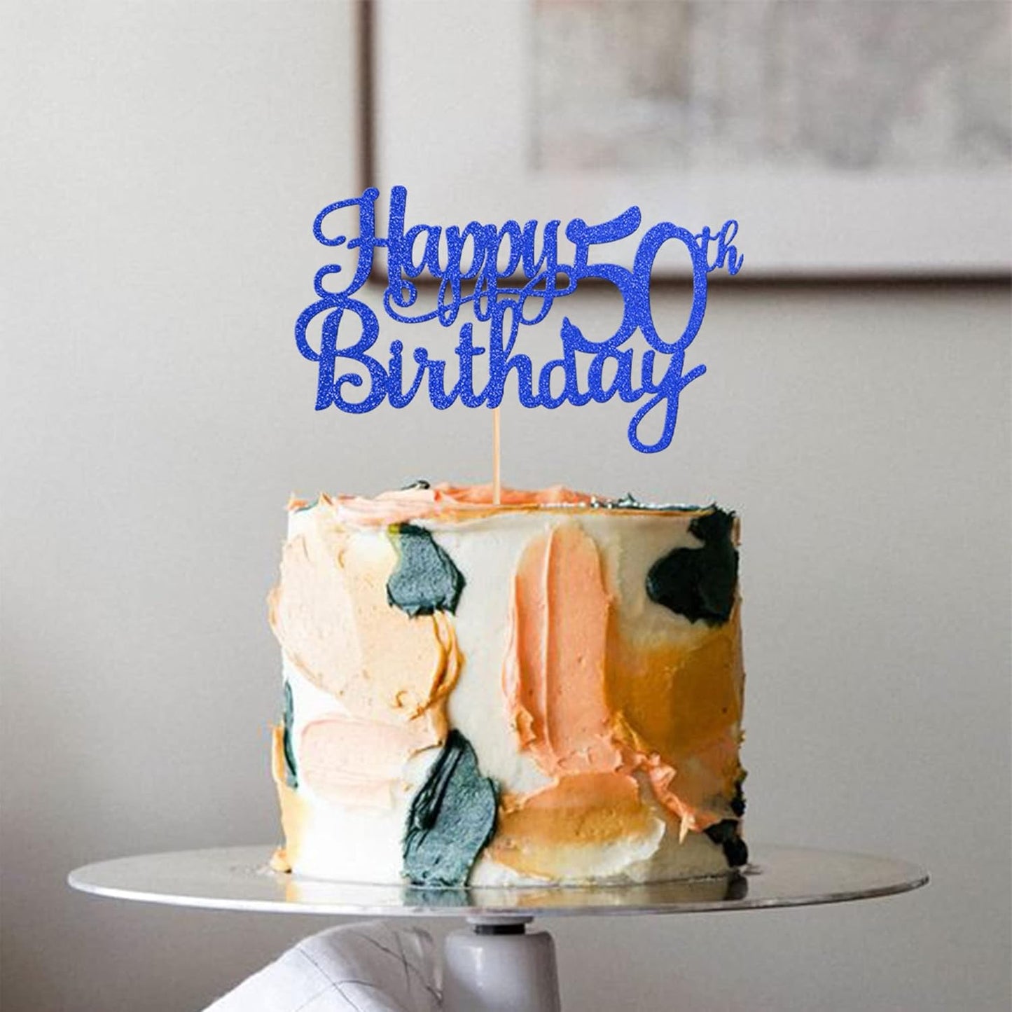 1 PCS Happy 50th Birthday Cake Topper Glitter Cheers to 50 Years Birthday Cake Pick 50 Fabulous Cake Decoration for Happy 50th Birthday Anniversary Party Decorations Supplies Blue