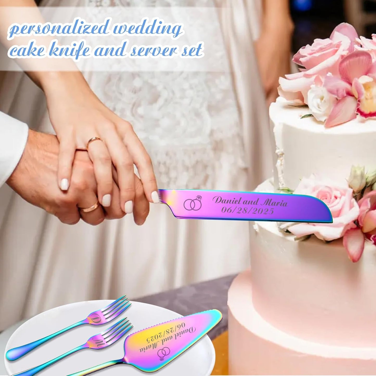 Personalized Wedding Cake Knife and Server Set, Custom Names Cake Cutting Set with Stainless Steel Forks, Customized Bridal Anniversary Birthday Wedding Registry Gifts (Multicolor)