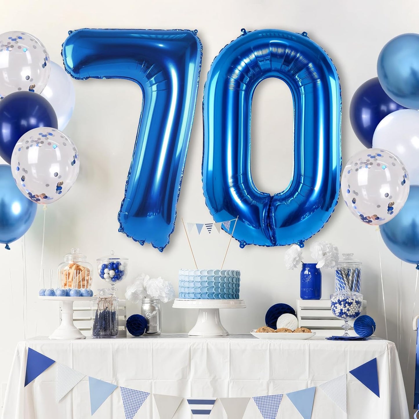 Giant Number Foil Balloon 70, Dark Blue Self Inflating 70th Birthday Balloon for Men, 40'' 70 Balloon Light Navy Blue with Metallic Silver Confetti Balloon for Anniversary Party Decorations Supplies