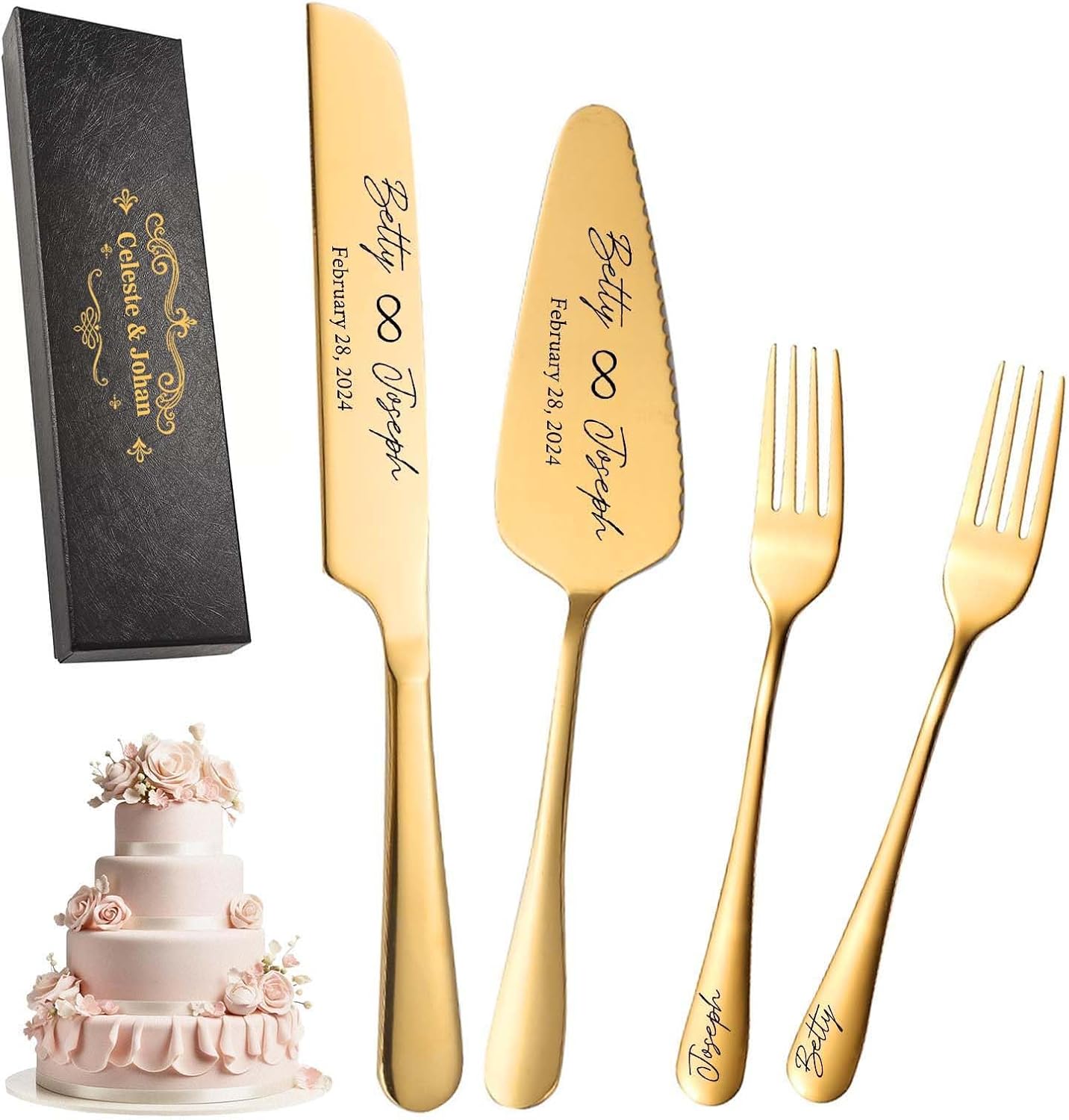 Personalized Wedding Cake Knife and Server Set Stainless Steel Forks Cake Cutter Server Engraved Cake Cutting Set for Wedding Anniversary Engagement Birthday Gifts