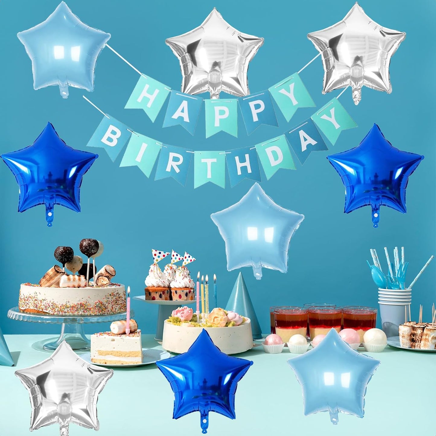 Blue Star Foil Balloons, 18 Inch Royal Blue Silver Stars Shape Mylar Helium Balloons 12 Pcs Large Light Blue Silver Pentagram Balloons Party Decoration for Birthday Graduation Baby Shower