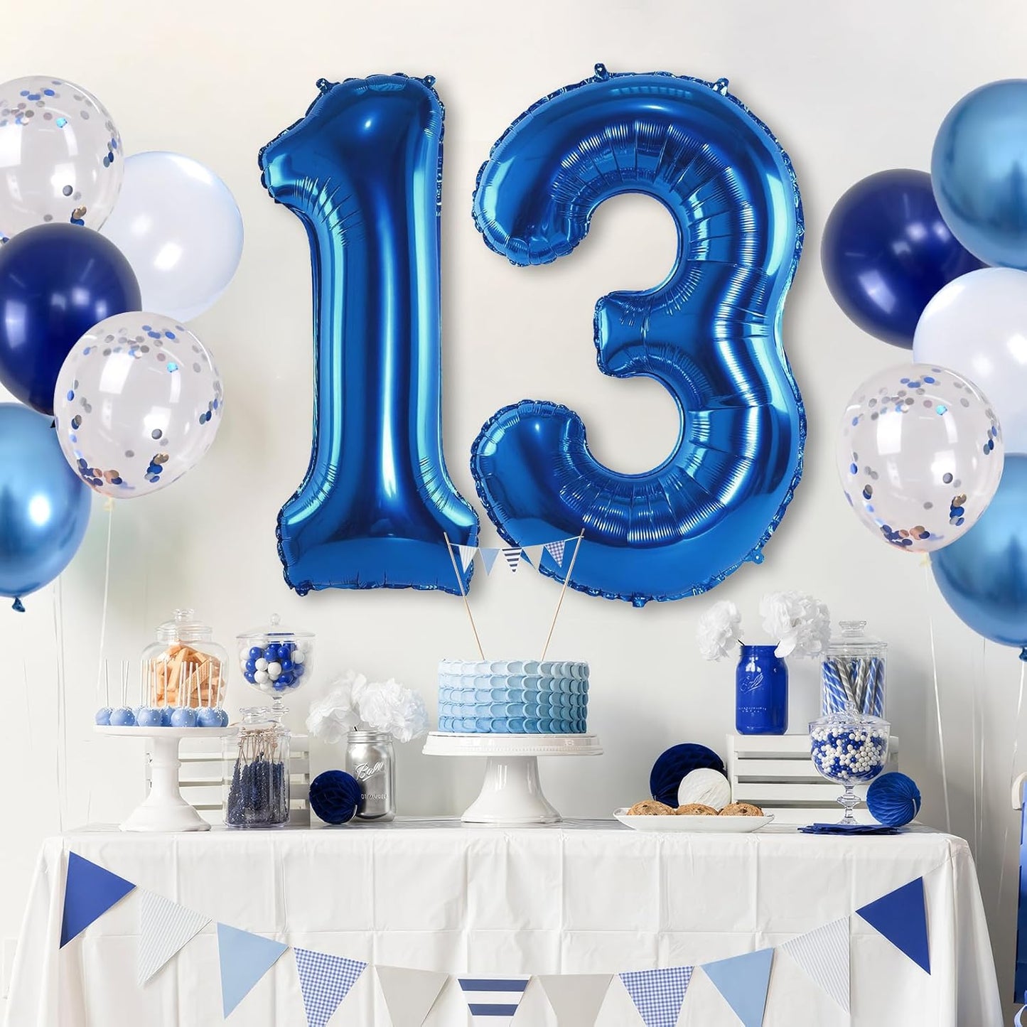 Number 13 Pastel Blue XXL 13th Birthday Decor Foil Balloon with Silver Confetti, Helium Balloon, 40 Inch for Boys Birthday Party Men Anniversary Decorations