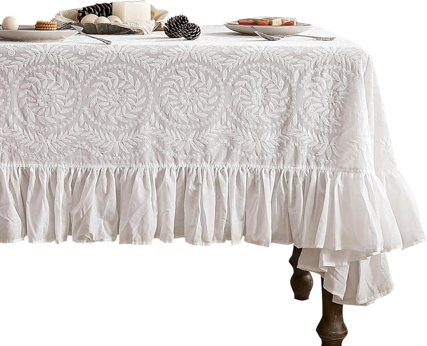 patdrea Vintage Ruffle Tablecloth for Rectangle Tables,Farmhouse Embroidered Cotton White Lace Table Cloth Cover Decor for Dining Room Wedding Banquet Thanksgiving Christmas,59"*83"