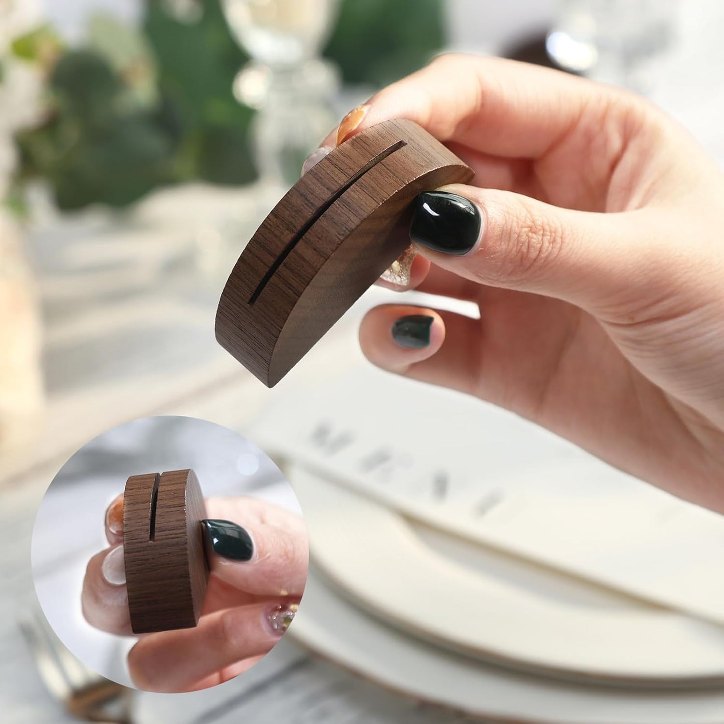 UNIQOOO 10 Set 2" Arch Walnut Wood Stand with Cards |1.2mm Slot, for Name Cards, Place Card Holder, Photo Display Stand | for Event Decor, Retail Shop, Cafe Restaurant Menu, Business Card, Name Tag