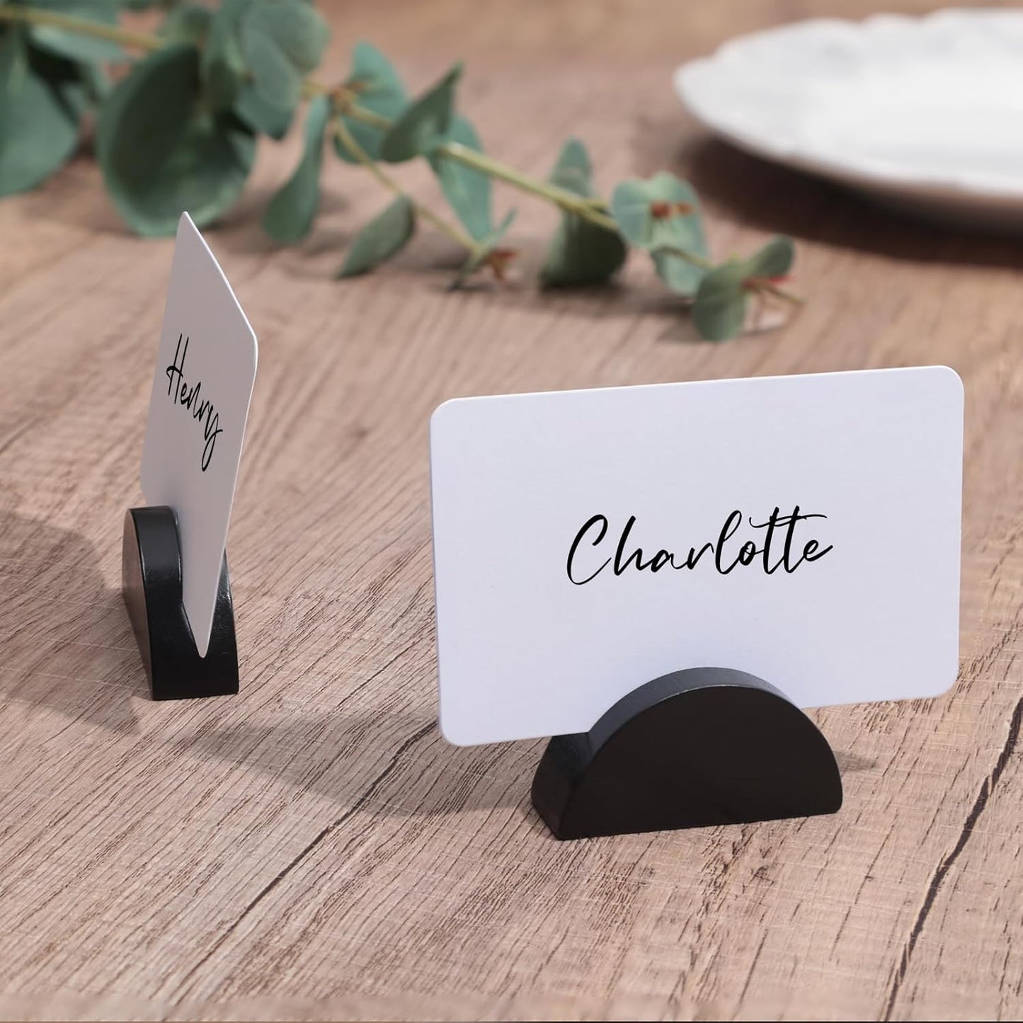 UNIQOOO 10 Set 2" Arch Black Birch Wood Stand with Cards |1.2mm Slot, for Name Cards, Place Card Holder, Photo Display Stand | for Event Decor, Retail Shop, Cafe Restaurant Menu, Business Card, Name Tag