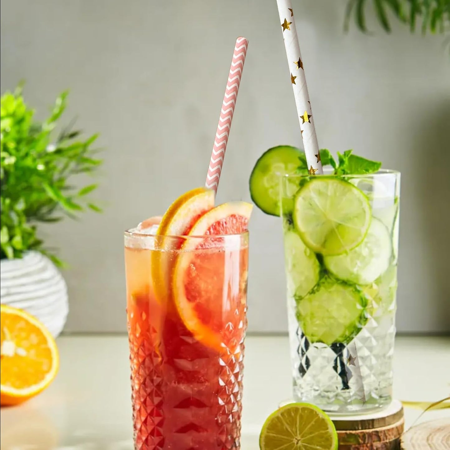 YAOSHENG [100 Pack] Pink & Gold Paper Straws Disposable, 100% Biodegradable Multi-Pattern Party Straws For Birthday, Wedding and Holiday Decoration (pink gold)