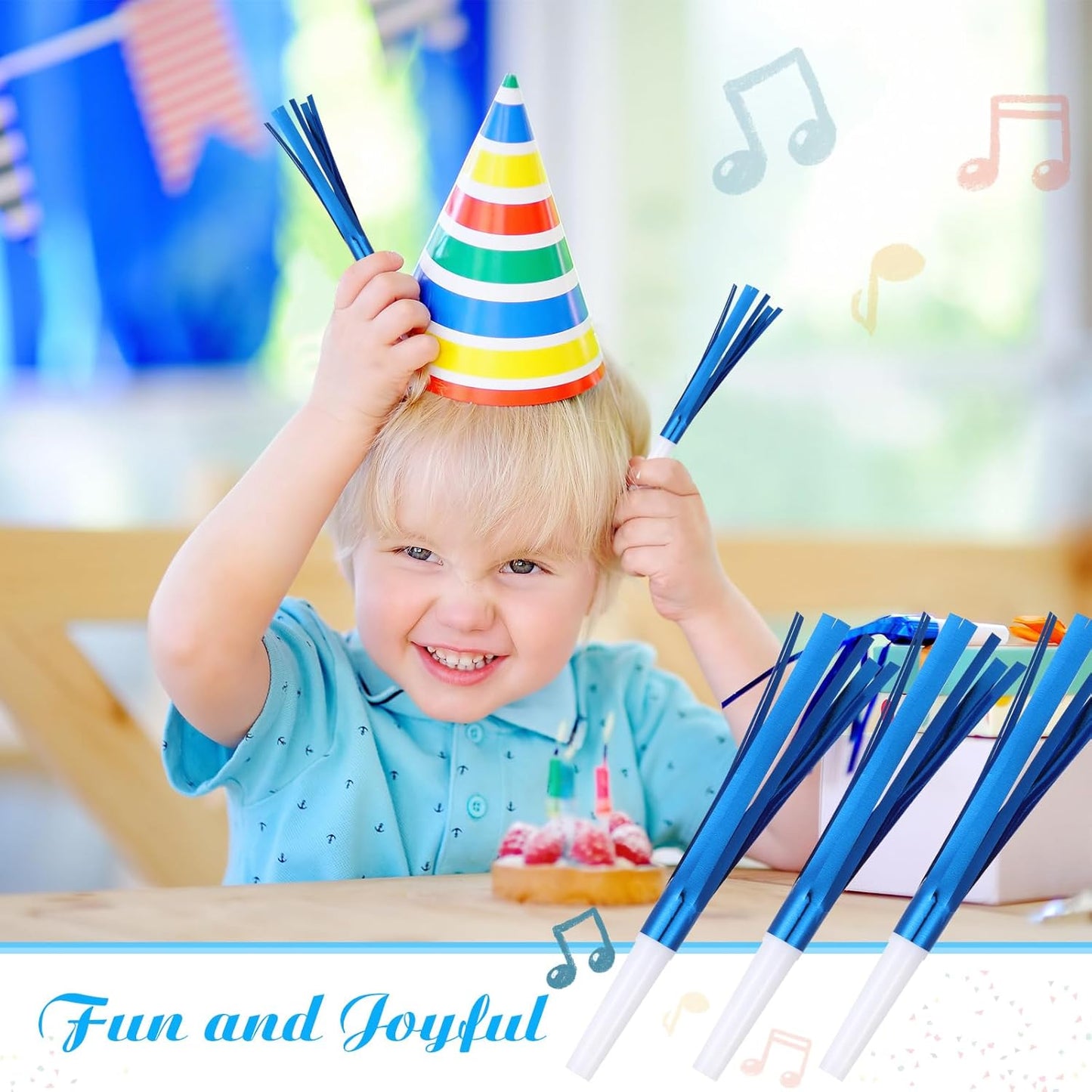 48 Pcs Noise Makers Glitter Metallic Fringed Noise Makers Horns for Baby Shower, Kids Birthday, New Year Party Favor - White Blue