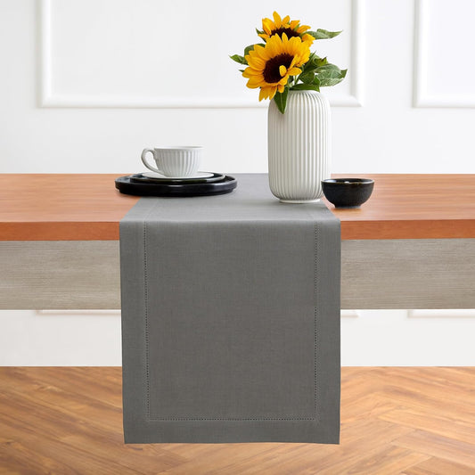 Solino Home Linen Steel Gray Hemstitch Table Runner 48 Inches - 100% Pure Linen Small Table Runner 14 x 48 Inch Ideal for Dresser and Coffee Tables - Classic Hemstitch - Fall, Autumn, Halloween