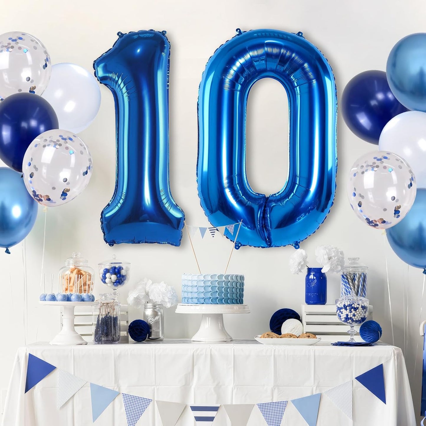 Dark Blue Number 10 Balloon, Large 40 Inch with Metallic Light Navy Blue Silver Confetti, Self Inflating Helium Foil One Balloon for Boys 10th Birthday Party Anniversary Decorations