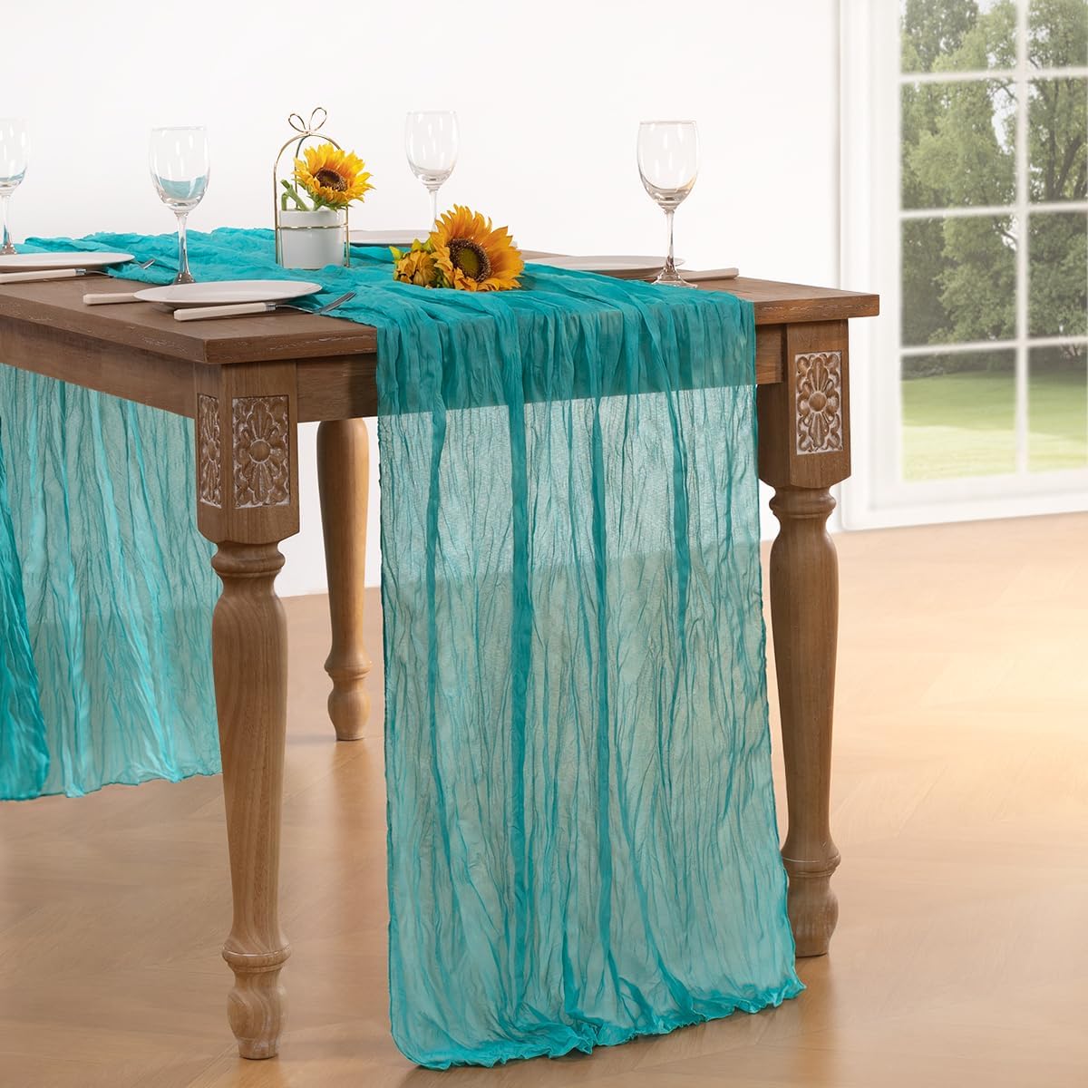 Teal Green Cheesecloth Table Runner 4 Pack Fall Table Runners Boho Gauze 120 Inches Turquoise Cheese Cloth Fall Table Decorations for Thanksgiving Wedding Bridal Baby Shower Tea Party Decor