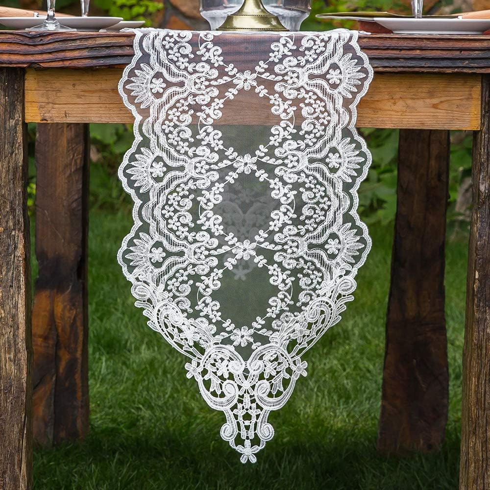 ARTABLE Rectangle Table Runner Lace Macrame Embroidered Table Runners with Exquisite Vintage Shabby Chic for Holiday Wedding Long Dinner Tables (White, 12 x 70 Inch)