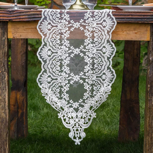 ARTABLE Rectangle Table Runner Lace Macrame Embroidered Table Runners with Exquisite Vintage Shabby Chic for Holiday Wedding Long Dinner Tables (White, 12 x 48 Inch)