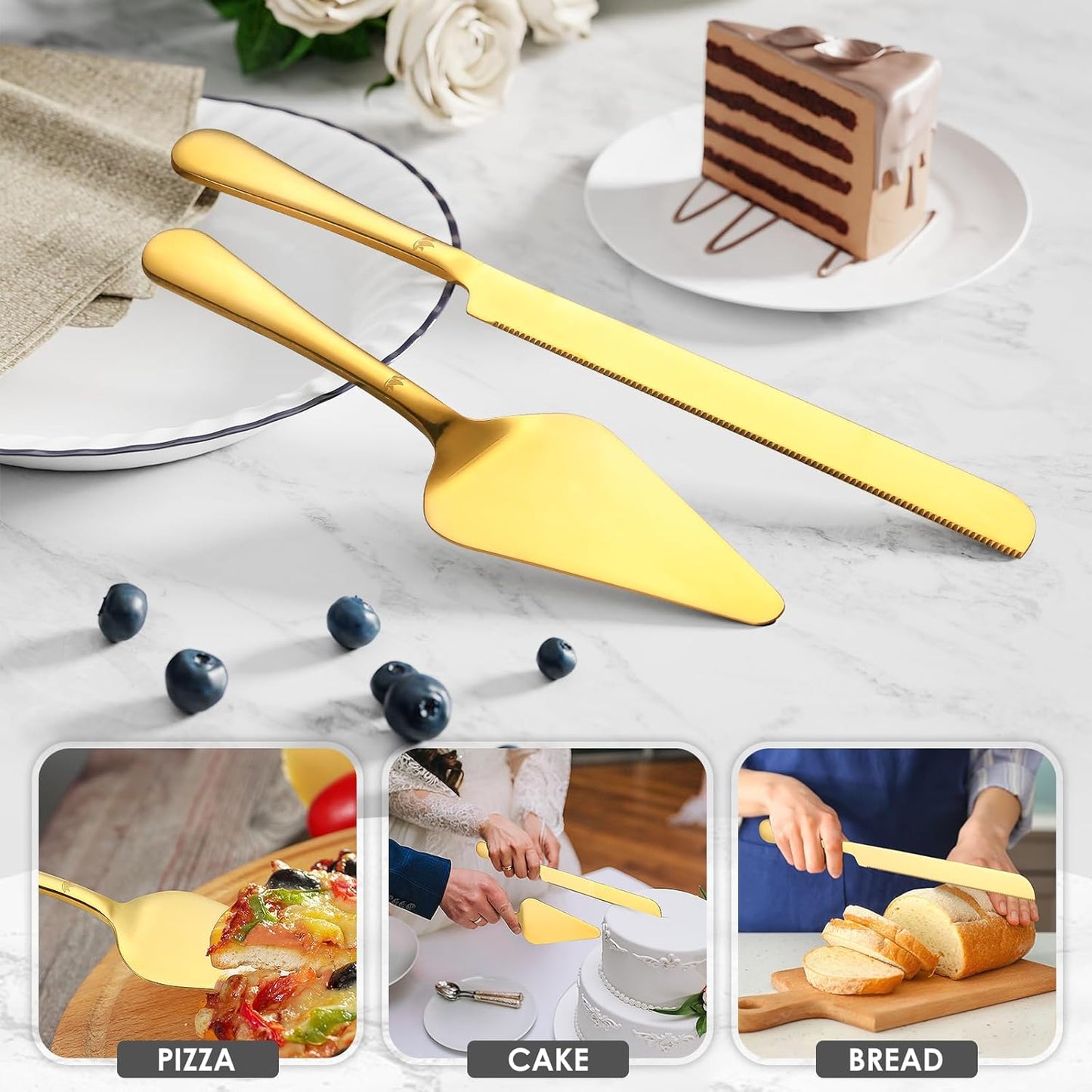Cake Cutting Set for Wedding - Extended Cake Knife And Server Set Thickened Stainless Steel Cake Cutter and Pie Spatula Great for Birthday Anniversary Christmas Gift Gold 2 Pcs