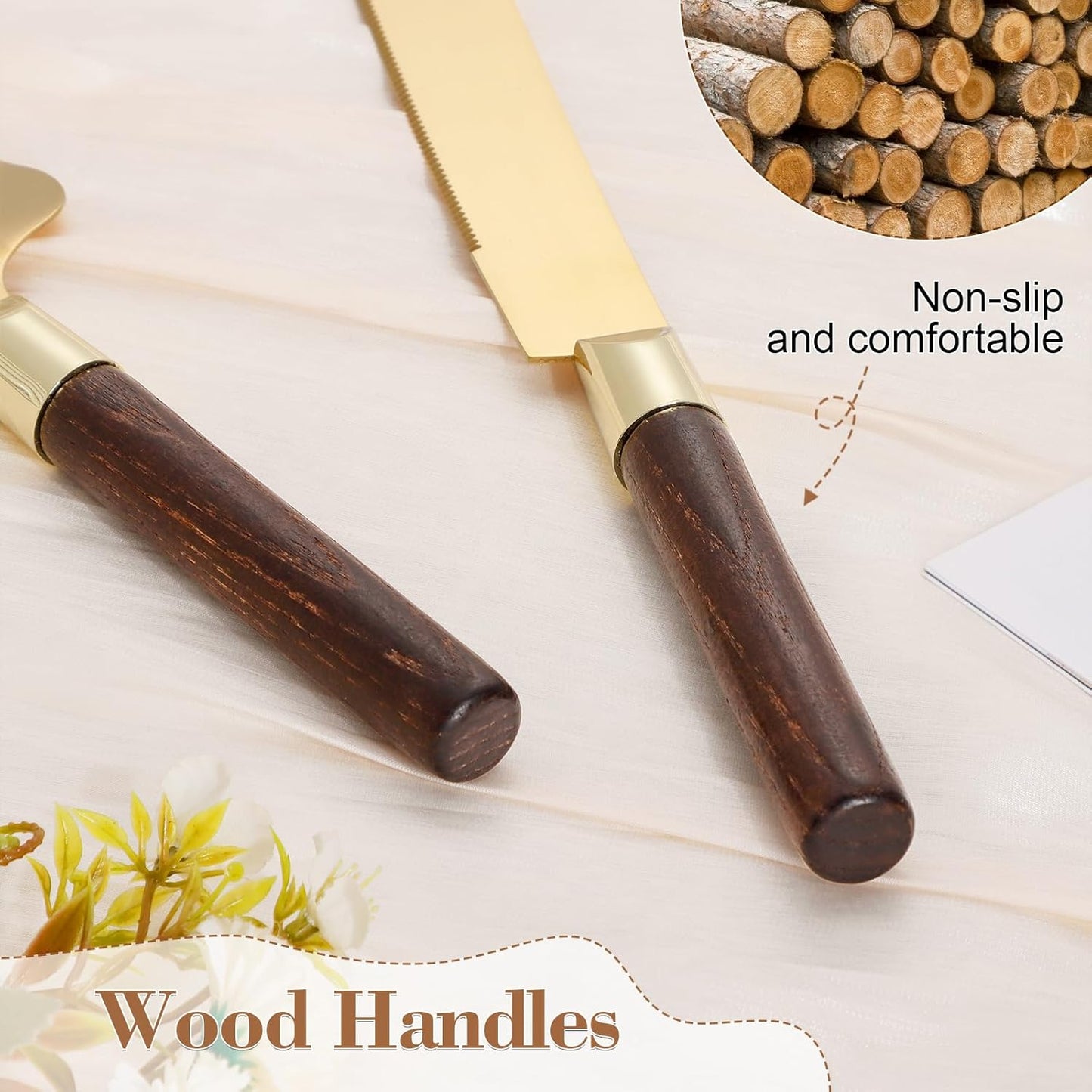 Gold Cake Cutting Set for Wedding, Wood Cake Knife and Server Set, Vintage 2-Piece Pie Cutter Set, Serrated Pizza Dessert Utensils, Bridal Birthday Quinceañera Gift (Walnut color)