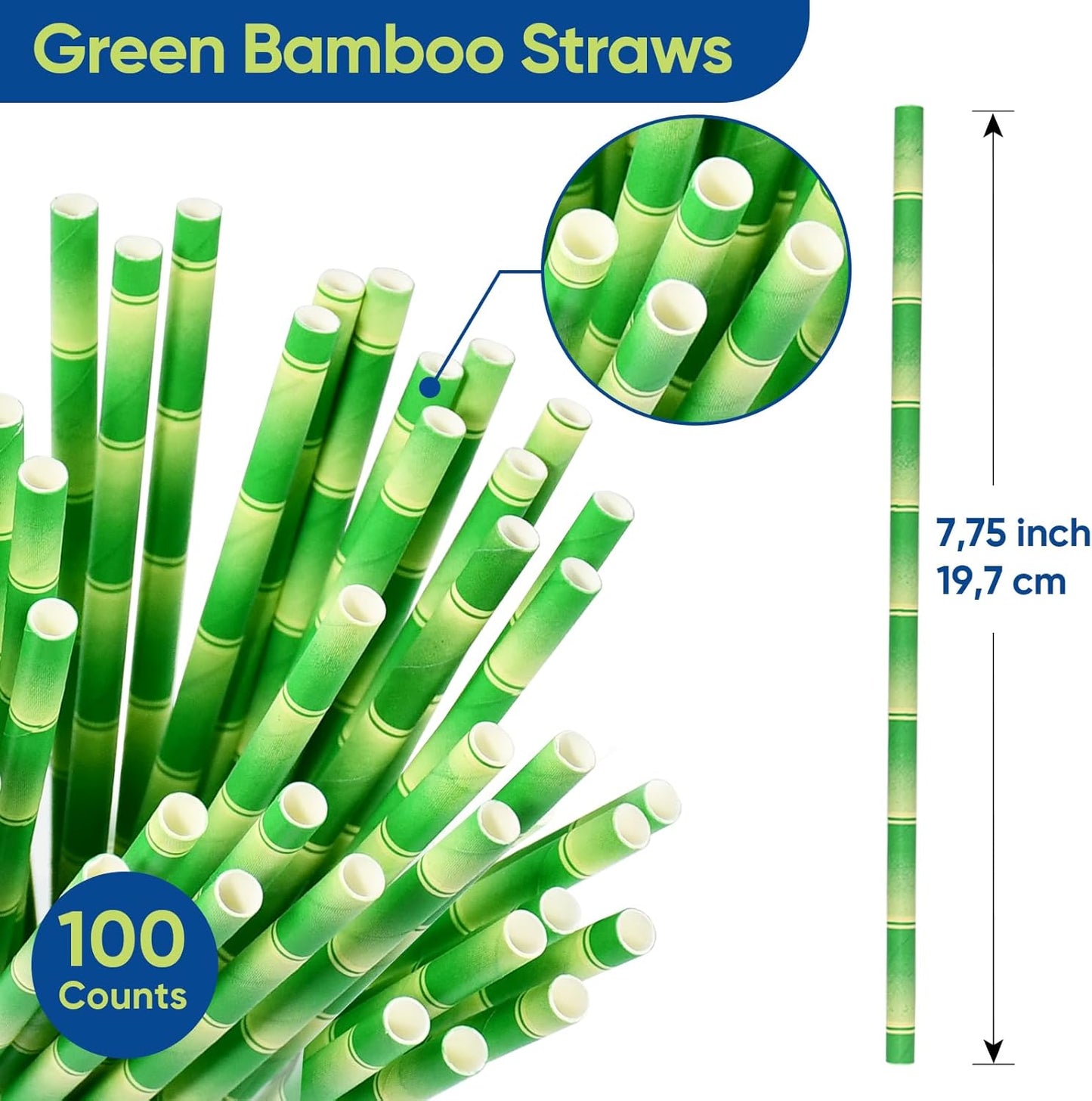 Paper Straws for Drinking Green Bamboo, 7.75" x 0.24" - for Cocktail, Juice, Iced Tea, 100% Biodegradable