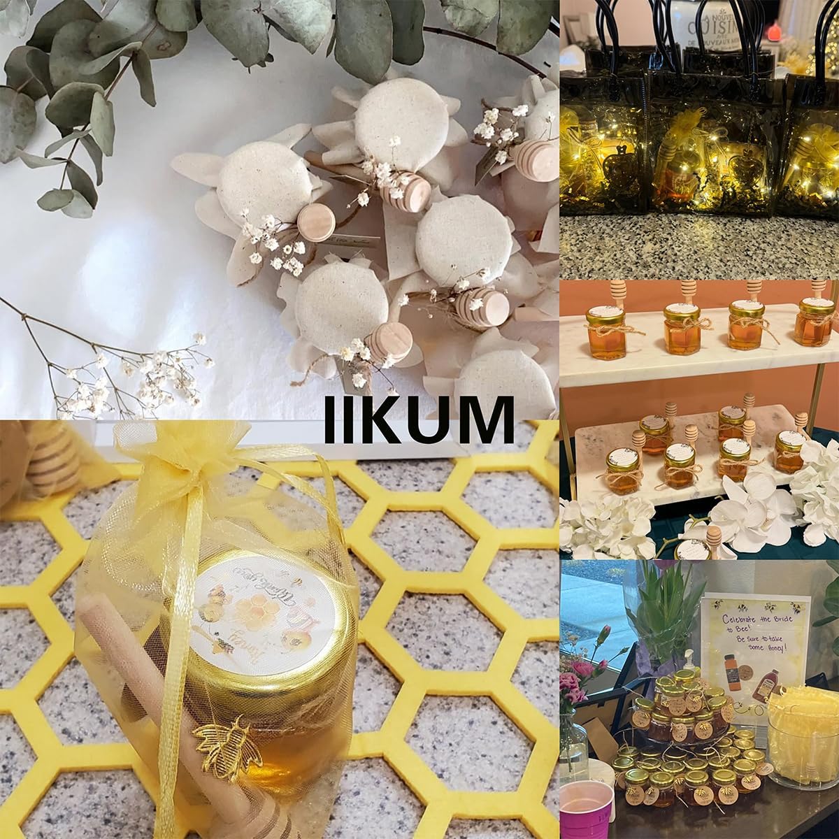 IIKUM 40 Pack Glass Honey Jars, 1.5 oz Honey Pot with Baby Shower Sash, Lids, Dippers, Bee Pendants, Gift Bags, Cards, Jute and Stickers-Ideal Honey Jars Set for Baby Shower, Wedding and Party Favors