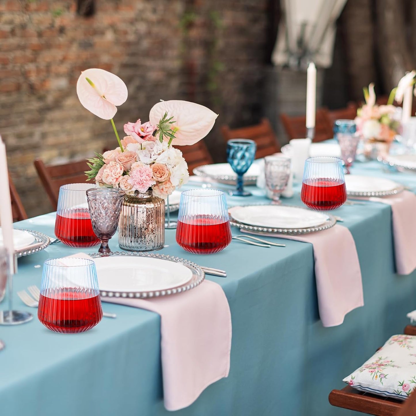 Suclain Plastic Wine Glasses Ribbed Stemless Wine Glasses 14oz Vertical Design Unbreakable Cups for Outdoor Indoor Vintage Elegant Champagne Whiskey Cups for Party Wedding (Blue,20 Pcs)