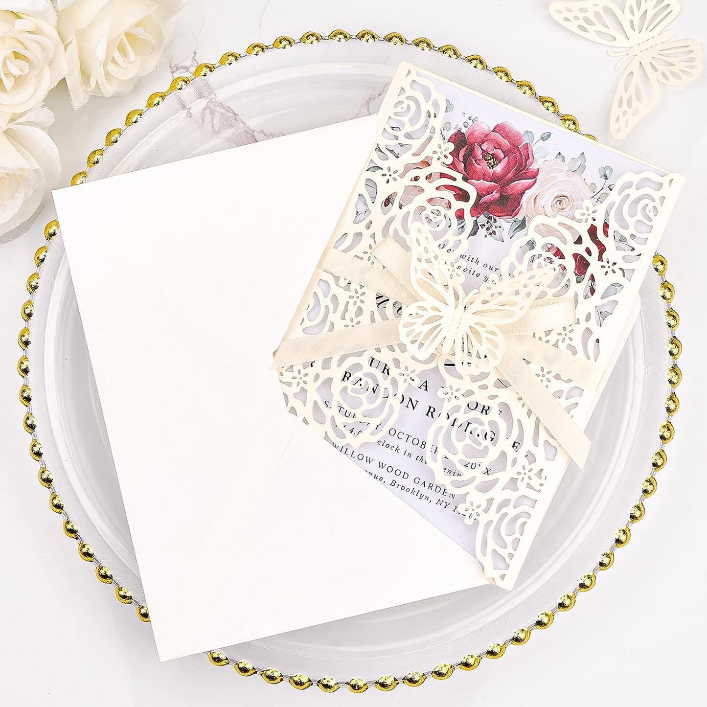 Wedding Invitations Ivory 50 Pack - Butterfly Laser Cut Invitation Sleeves with Blank 250GSM Pearlescent Paper Insert Make Your Own Party Invitations Wedding Quinceanera Bride Shower