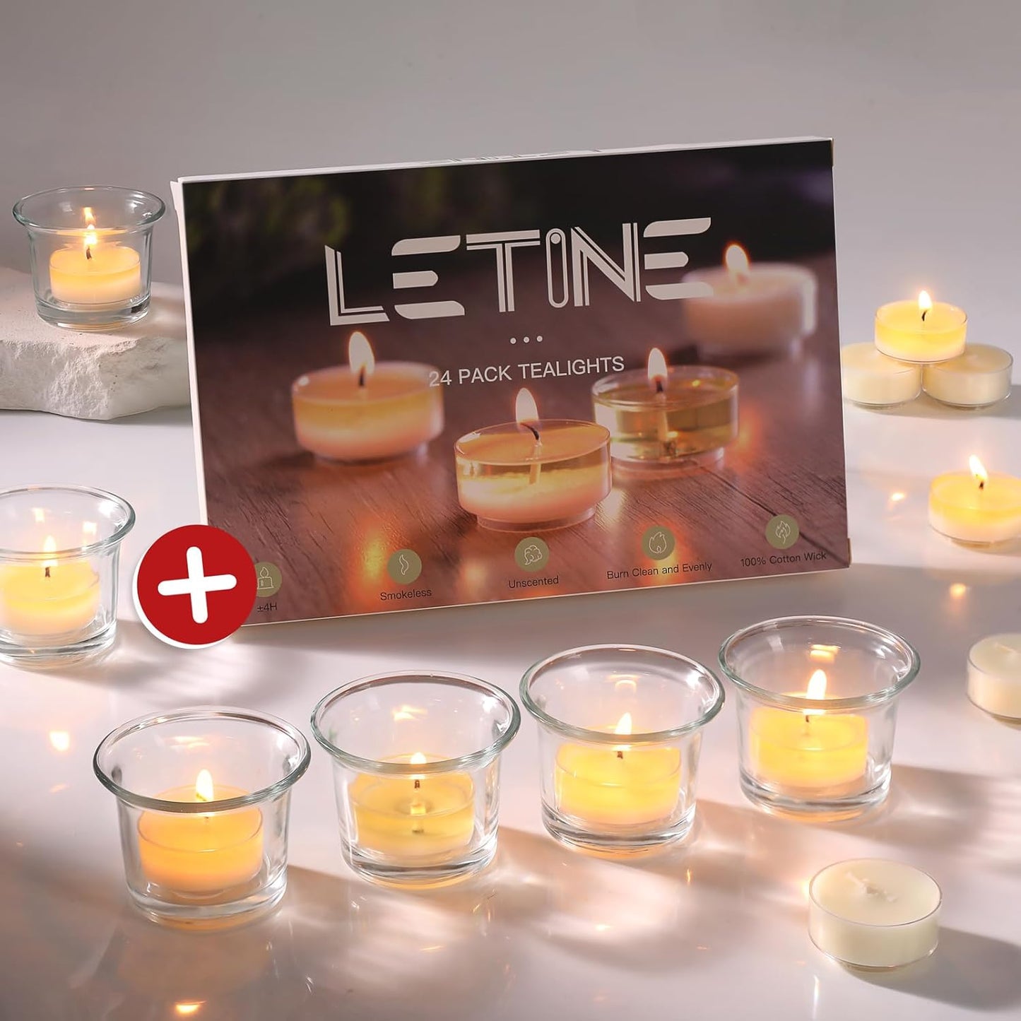 LETINE 24pcs Clear Tealight Candle Holder & 24pcs White, Smokeless, Unscented Soy Wax Tea Candles - Votive Candle Holders, Tea Lights Candles for for Fall Decorations,Weddings Decor