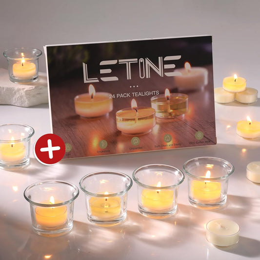 LETINE 24pcs Clear Tealight Candle Holder & 24pcs White, Smokeless, Unscented Soy Wax Tea Candles - Votive Candle Holders, Tea Lights Candles for for Fall Decorations,Weddings Decor