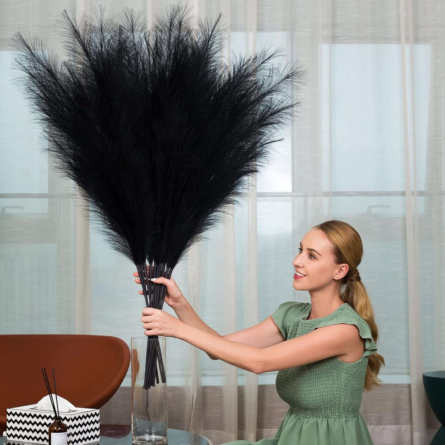 Faux Pampas Grass 6 Stems, Artificial Pampas Grass - 43 inch Total Extra Large Pompass Grass Tall Pompous Boho Flower Arrangement and Floor Vase Filler Home Decor for Room Wedding Party (Black)