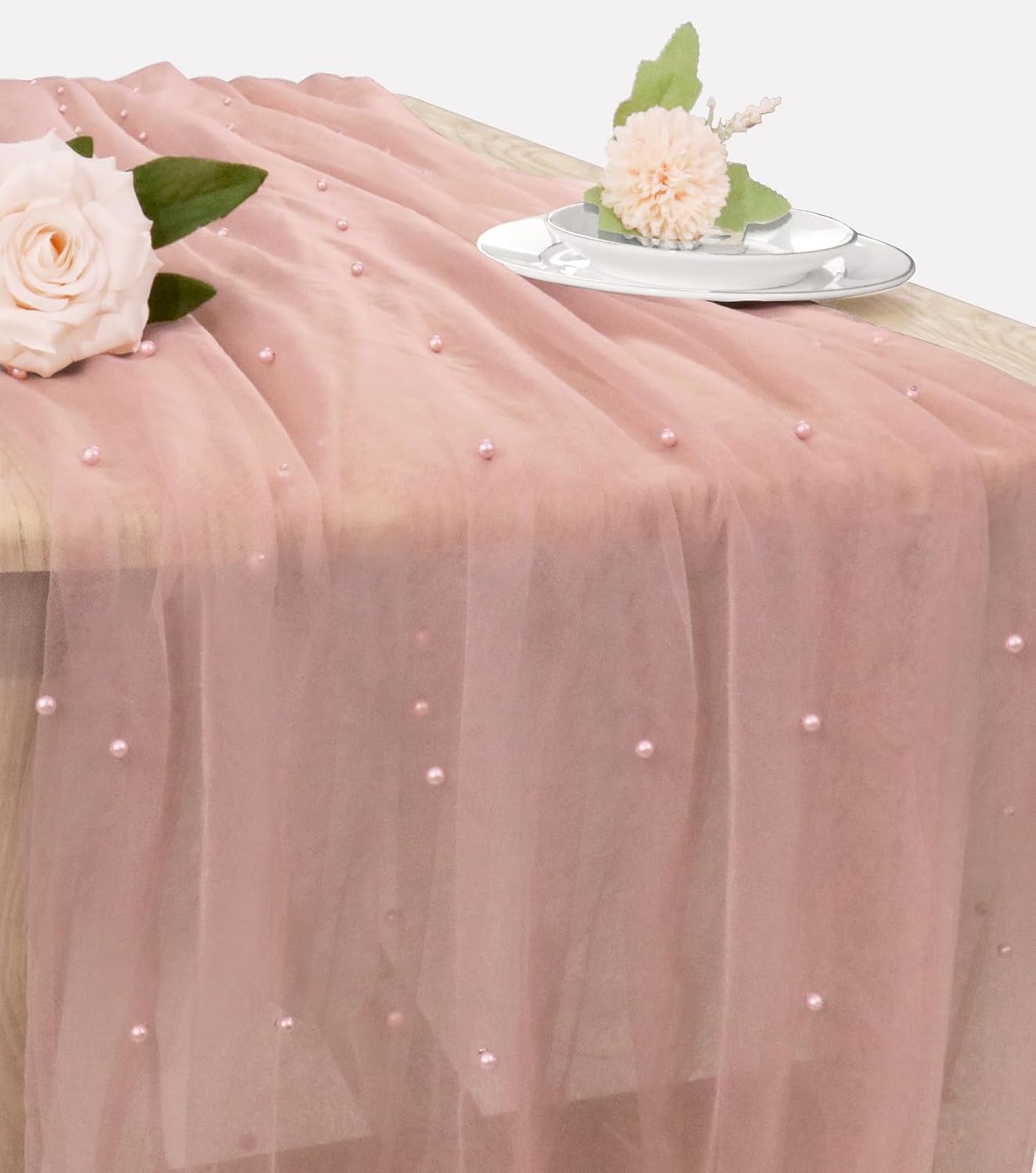 Pearl Table Runner 29 x 120 Inch Tulle Fabric Lace Table Runners Boho Rustic Tablecloth for Bridal Shower Birthday Party Wedding Arch Aisle Veil Dessert Table Decor(1 Pack, Dusty Pink)