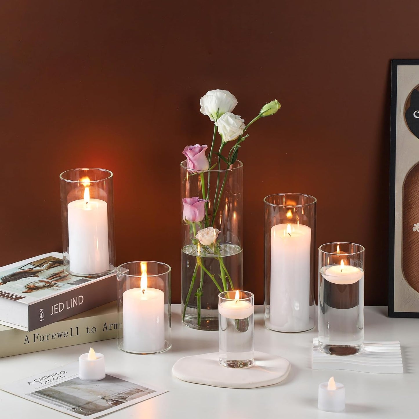 UDU 24 Pcs White Pillar Candles and Glass Cylinder Vases, Hurricane Pillar Candle Holder Vases for Wedding Centerpieces Table Party Home Decor(3.2" X 4.7", 6", 8")