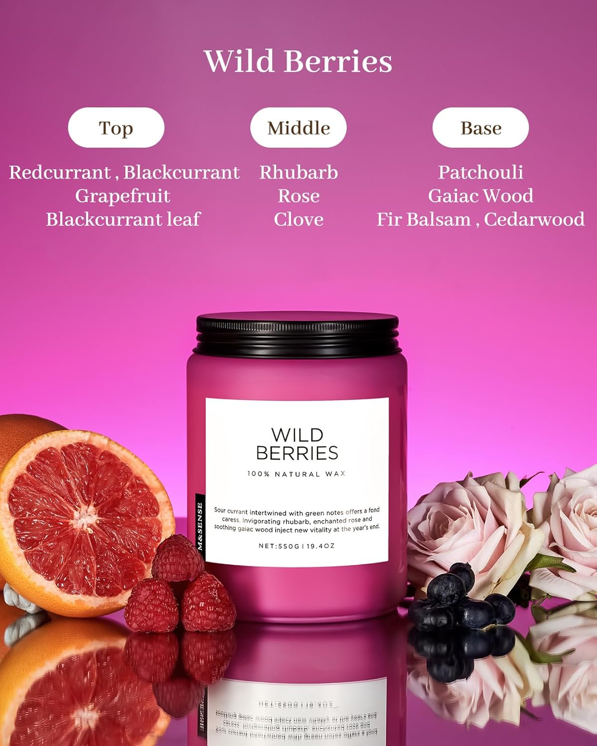 M&SENSE Wild Berries Large Soy Candles for Home Scented Organic Natural Soy Wax Candle 19.4oz 110 Hour Long Lasting, Christmas Holiday Scented Winter Gift for Bedroom Bathroom Home Decor