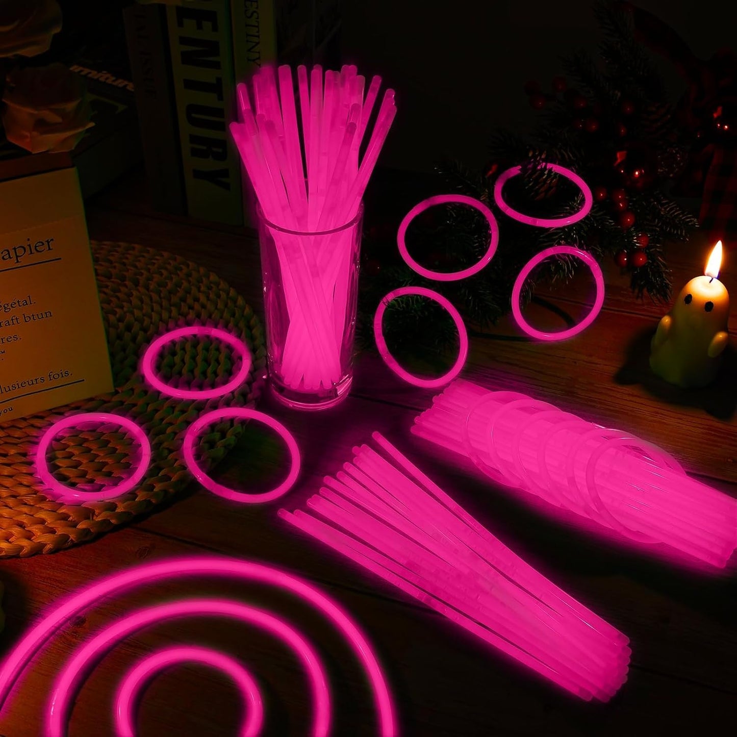 100 Pack 8” Pink Glow Sticks Bulk with 100 Connectors Neon Glow In The Dark Party favors Supplies for Holiday Birthday Party Decoration (Pink)