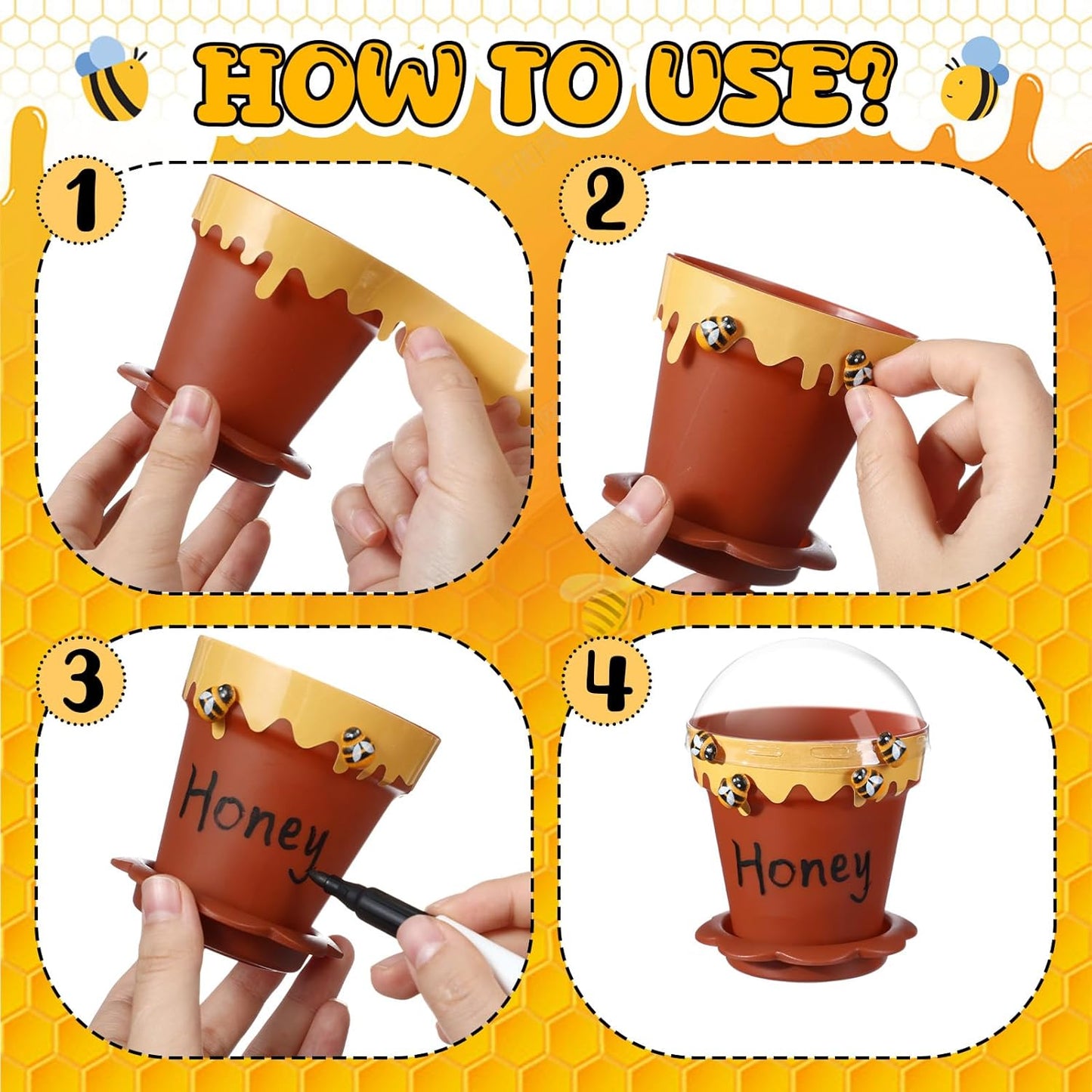 60 Sets Mini Honey Bee Pots with Lids, Spoon, Saucers and Bee Charms, 6.76 OZ Plastic Honey Jars for Cupcake Dessert Themed Party Favor Planter Baby Shower Birthday Wedding Decoration (Brown)