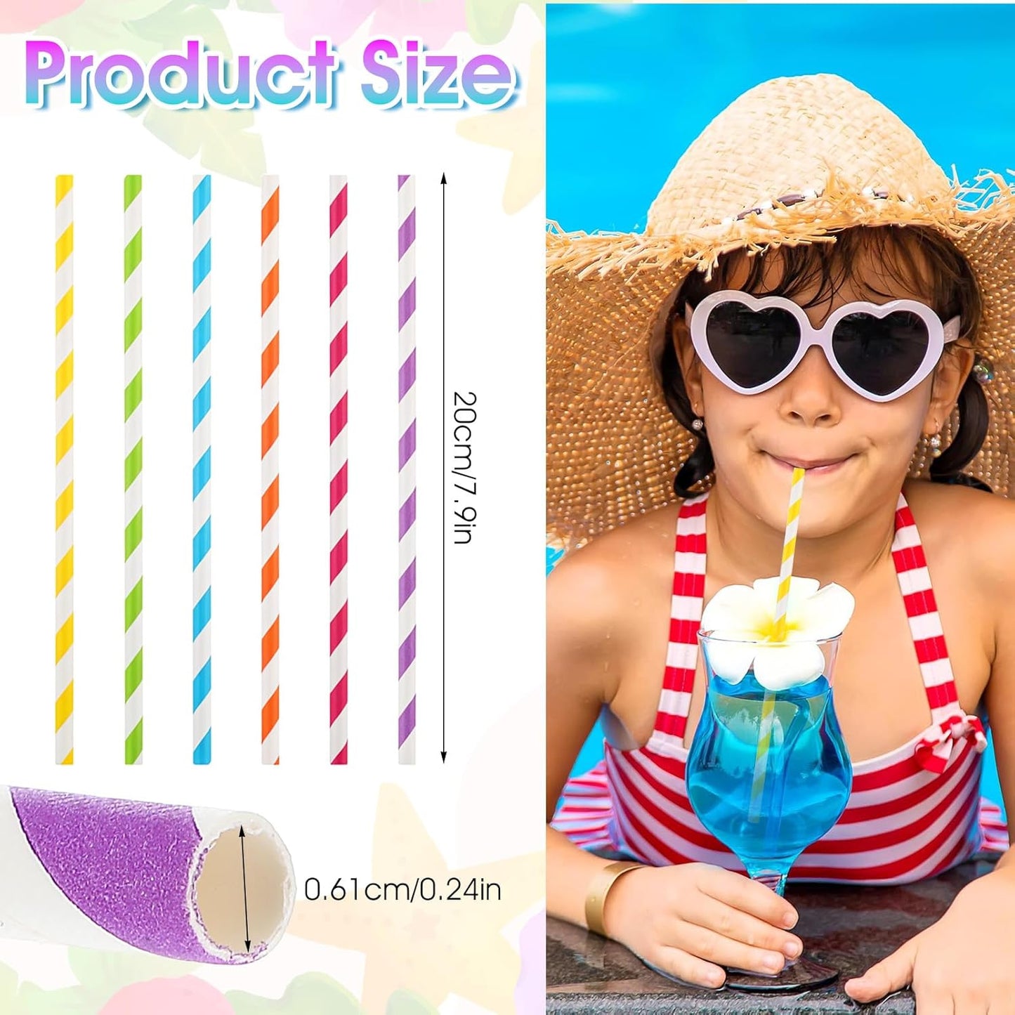 [1200 Pack] Striped Paper Drinking Straws，Sturdy & Non-Soggy，Food-Safe Ink, and Multi-Layered for Long-Lasting Use，Vibrant Assorted Colors for Summer Juice, Shakes, Cocktail,7.87 Inches
