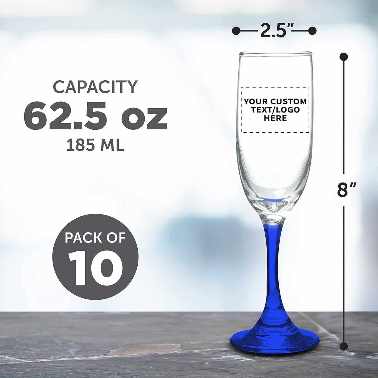 DISCOUNT PROMOS Custom Premiere Champagne Flutes 6.25 oz. Set of 10, Personalized Bulk Pack - Elegant Drinkware for Weddings, Events, & Promotional Gifts - Blue