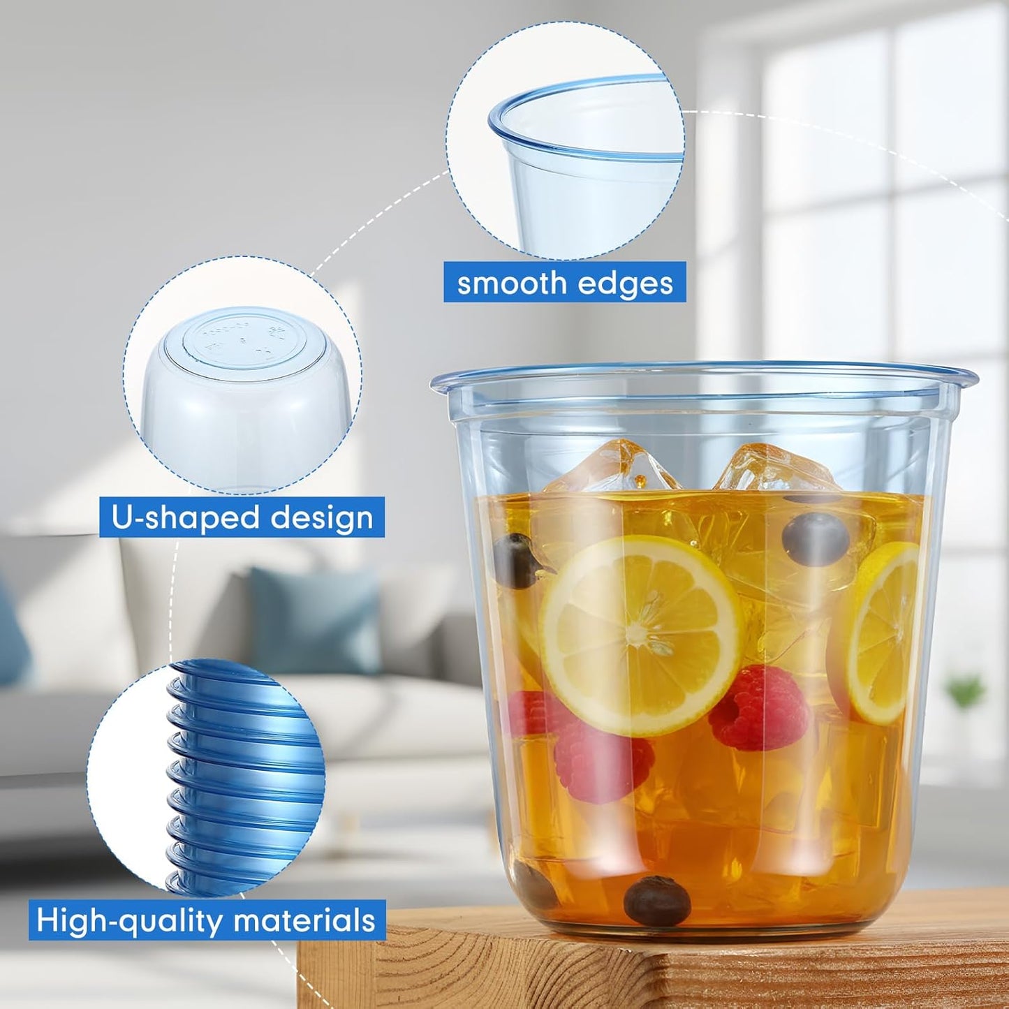 50 Pcs Disposable Stemless Glasses 12oz Crystal Plastic Wine Glasses Clear Classic Pet Cup for Meeting Weddings Birthdays Cocktail Christmas Party Supplies (Light Blue)