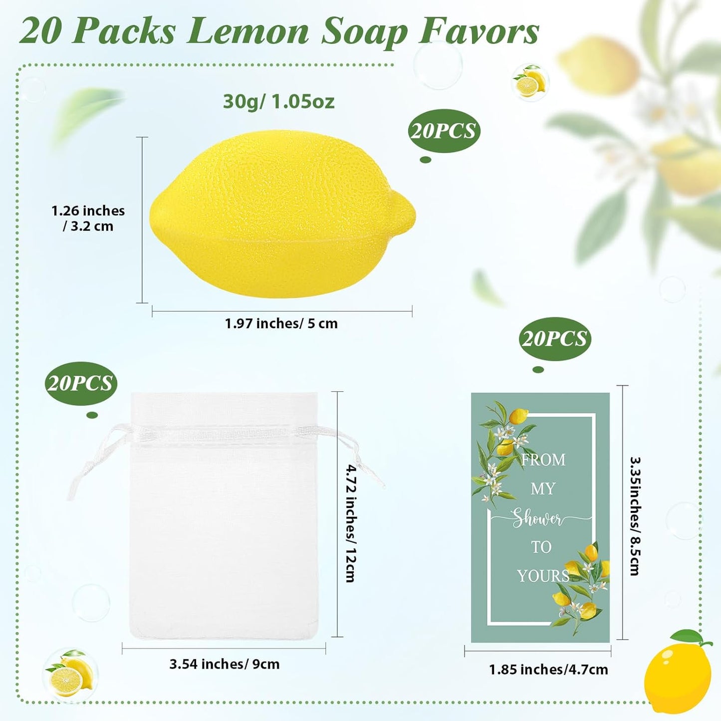 Lounsweer Set of 20 Wedding Lemon Soap Favors Mini Bridal Shower Favors Natural Lemon Shaped Soap Bar with from My Shower to Yours Cards and White Organza Bags for Party Baby Shower Decorations